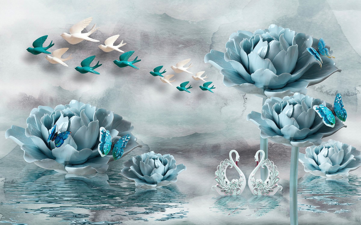 Image of Papermoon Fototapete "Blumen mit Vögeln weiss blau"