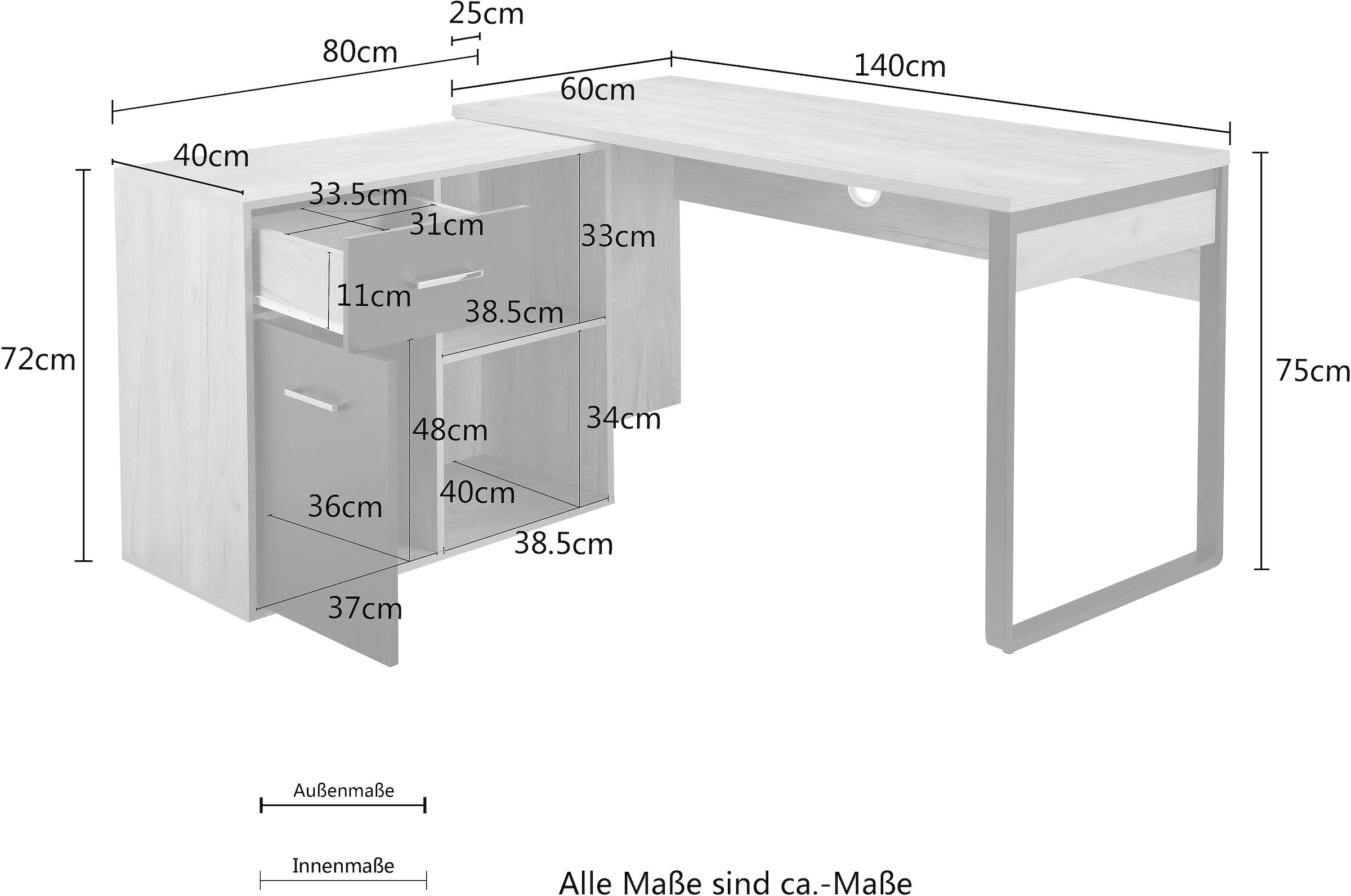 GOODproduct Eckschreibtisch »Moid, Computertisch, Kabeldurchlass, mit Regalfächern,« Schublade und Tür, flexibles Regalelement, 140x82-115 cm