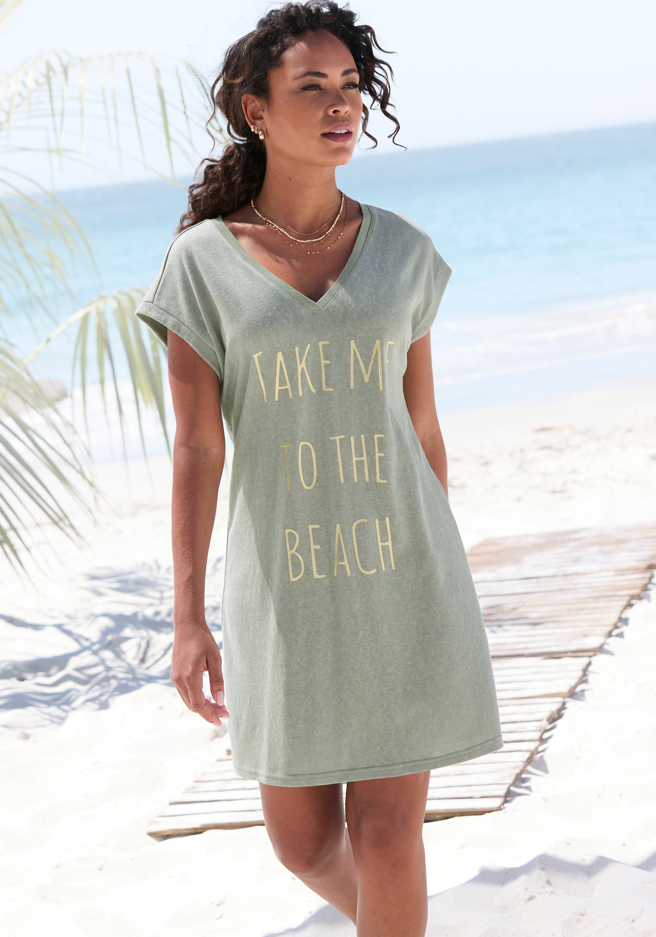 Beachtime by Lascana T-shirt long »mit glänzendem Foliendruck vorne, kurzes T-Shirt-Kleid« robe en jersey ample, robe d'été aérienne, robe de plage courte