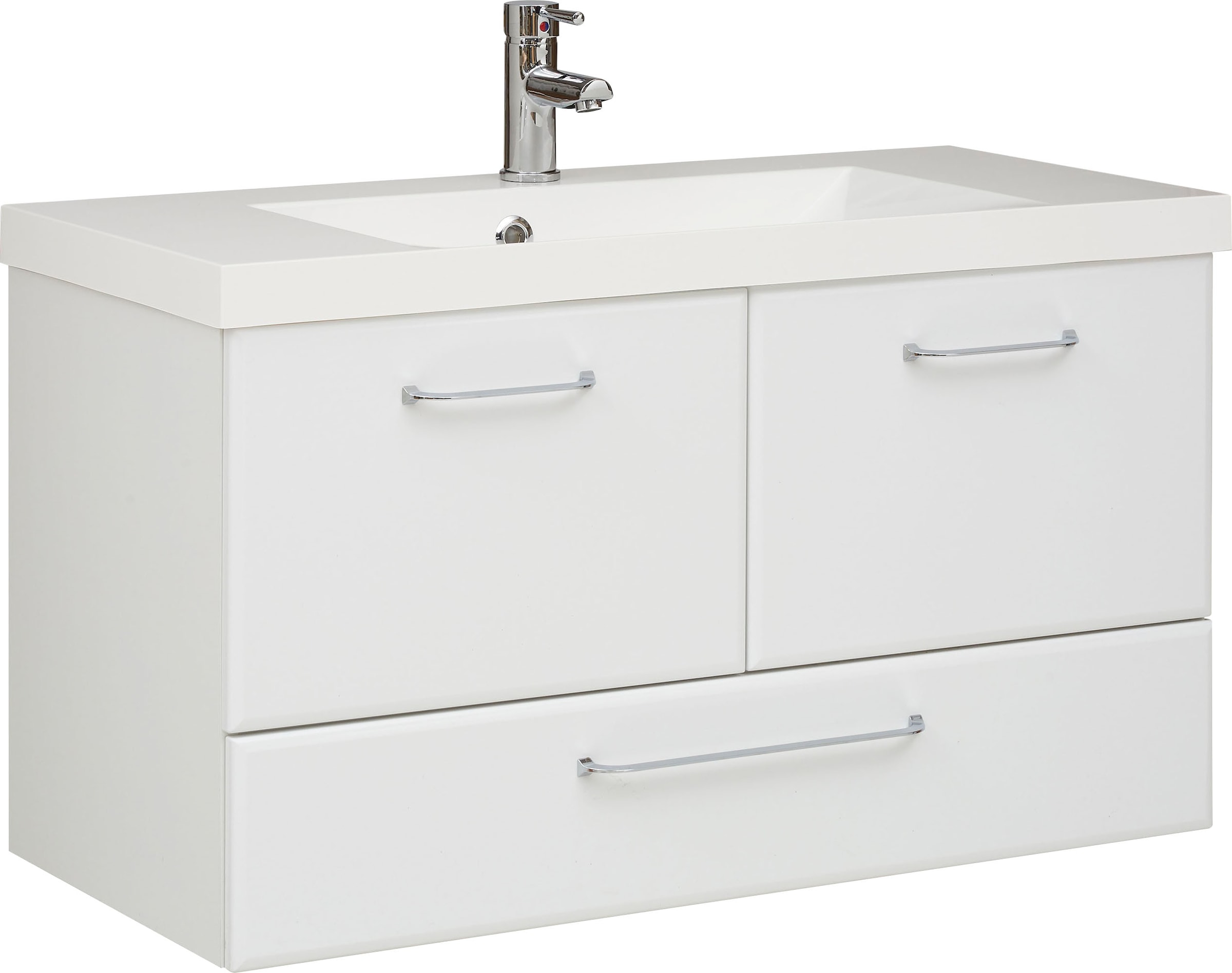 Saphir Waschtisch »Quickset Mineralmarmor-Waschtisch mit Unterschrank, 99 cm breit« Wachplatz, Griffe Chrom Glanz, inkl. Türdämpfer, 2 Türen, 1 Schublade
