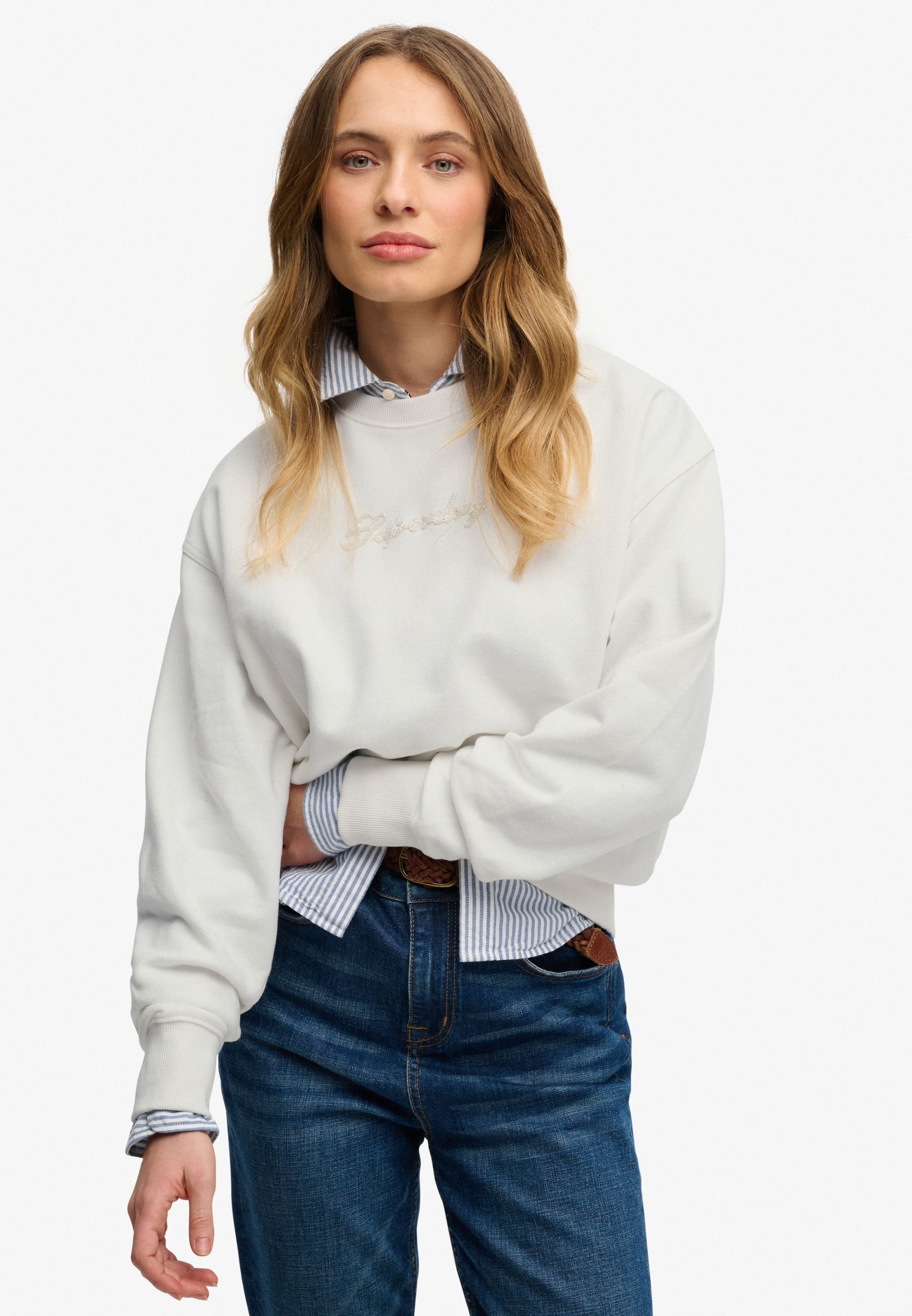 Image of Superdry Sweatshirt "SCRIPT BRAND LOOSE CREW", mit Markenlogo aus Perlenstickerei auf der Brust