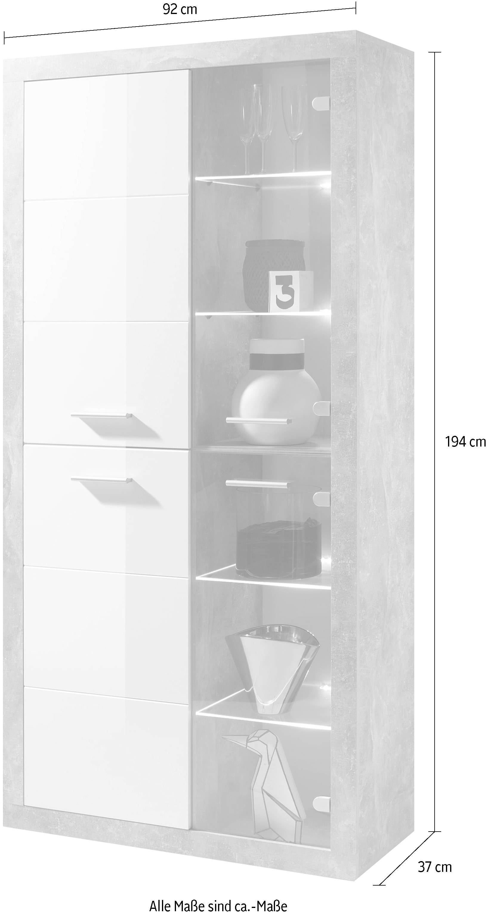 HBZ Highboard »Stone weiss Hochglanz, Wohnzimmerschrank BxHxT 92x194x37 cm« 1 Stk. tlg. Mit 2 Türen, 2 Glastüren, 4 Einlegeböden, 4 Glasböden, 2 feste Böden