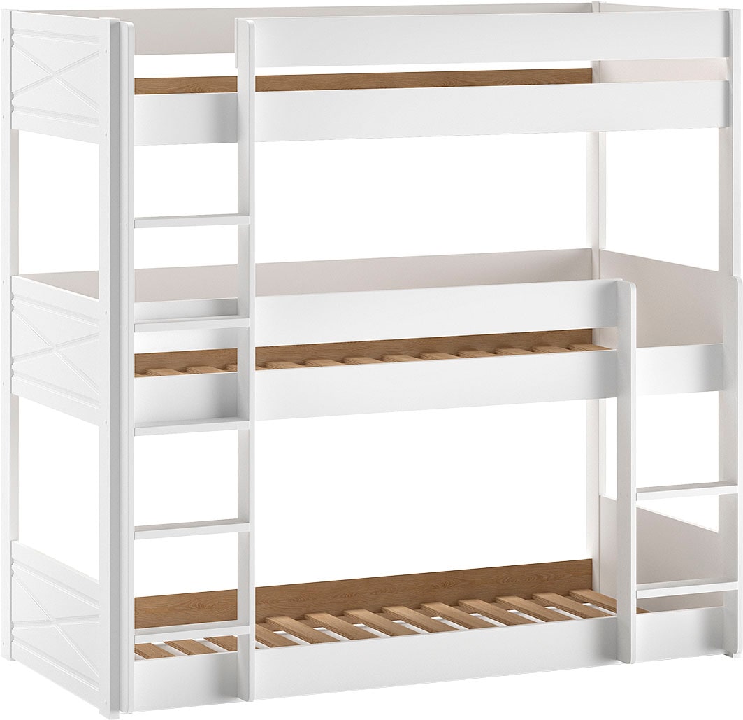 Vipack Etagenbett Made in Europe,  mit 3 LF á 90x200 cm und Rollrost, stabil gebaut, Kiefer massiv weiss
