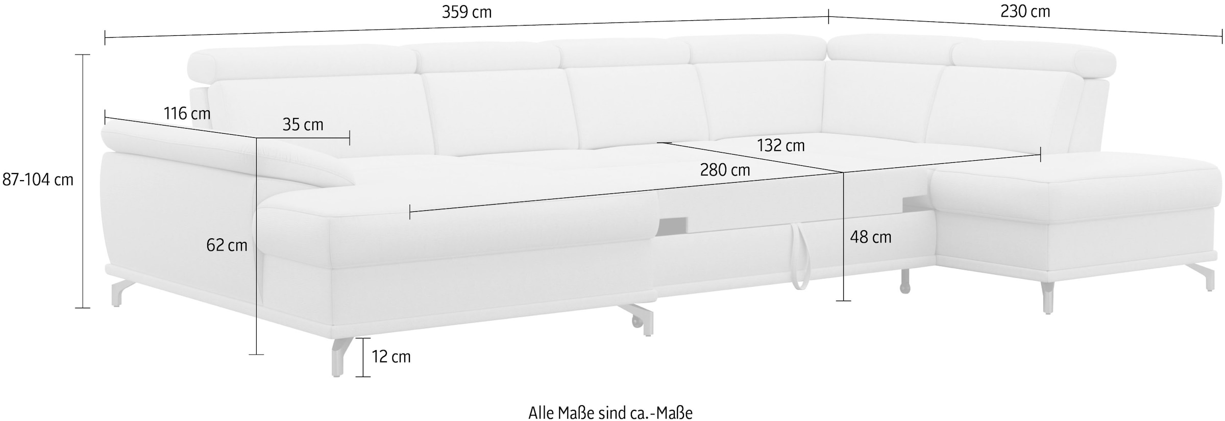 sit&more Wohnlandschaft »Cabrio U-Form, mit Sitztiefenverstellung, Arm- und Kopfteilverstellung«, 3 Nierenkissen, Federkern, optional Bettfunktion und Stauraum