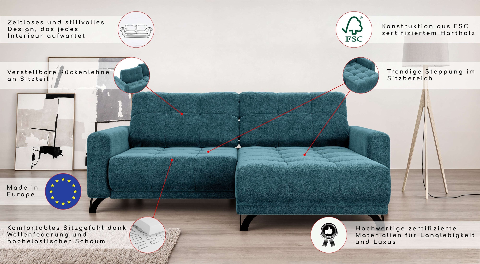 INOSIGN Ecksofa »FAIRVIEW mit verstellbaren Rückenlehne, Masse B/T/H: 234/174/93 cm«, L-Form mit Wellenunterfederung, Recamiere beidseitig montierbar