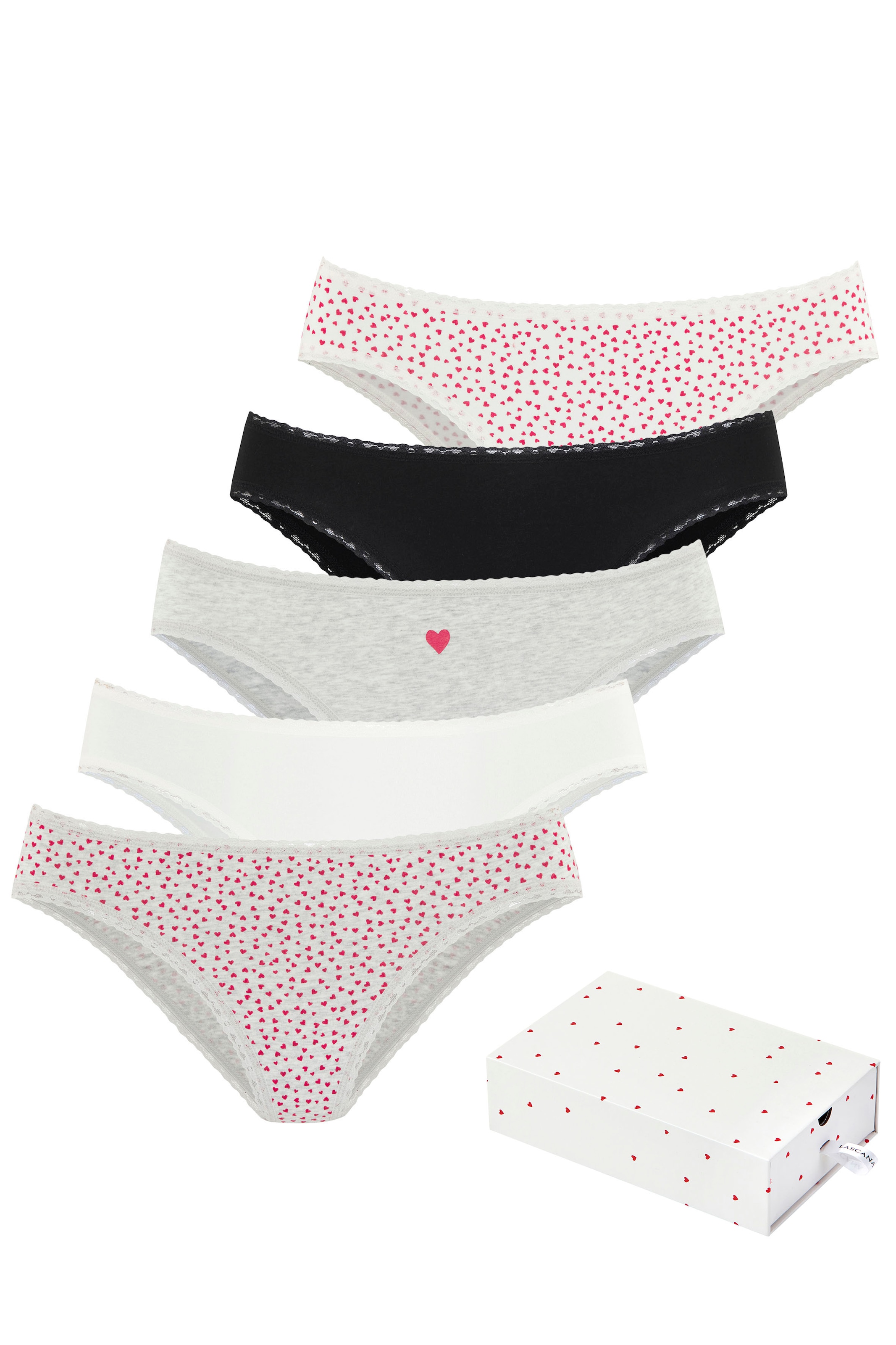 Image of LASCANA Jazz-Pants Slips "Geschenk Box" 5er-Pack, mit süssen Herzchen-Prints und aus elastischer Baumwoll-Qualität
