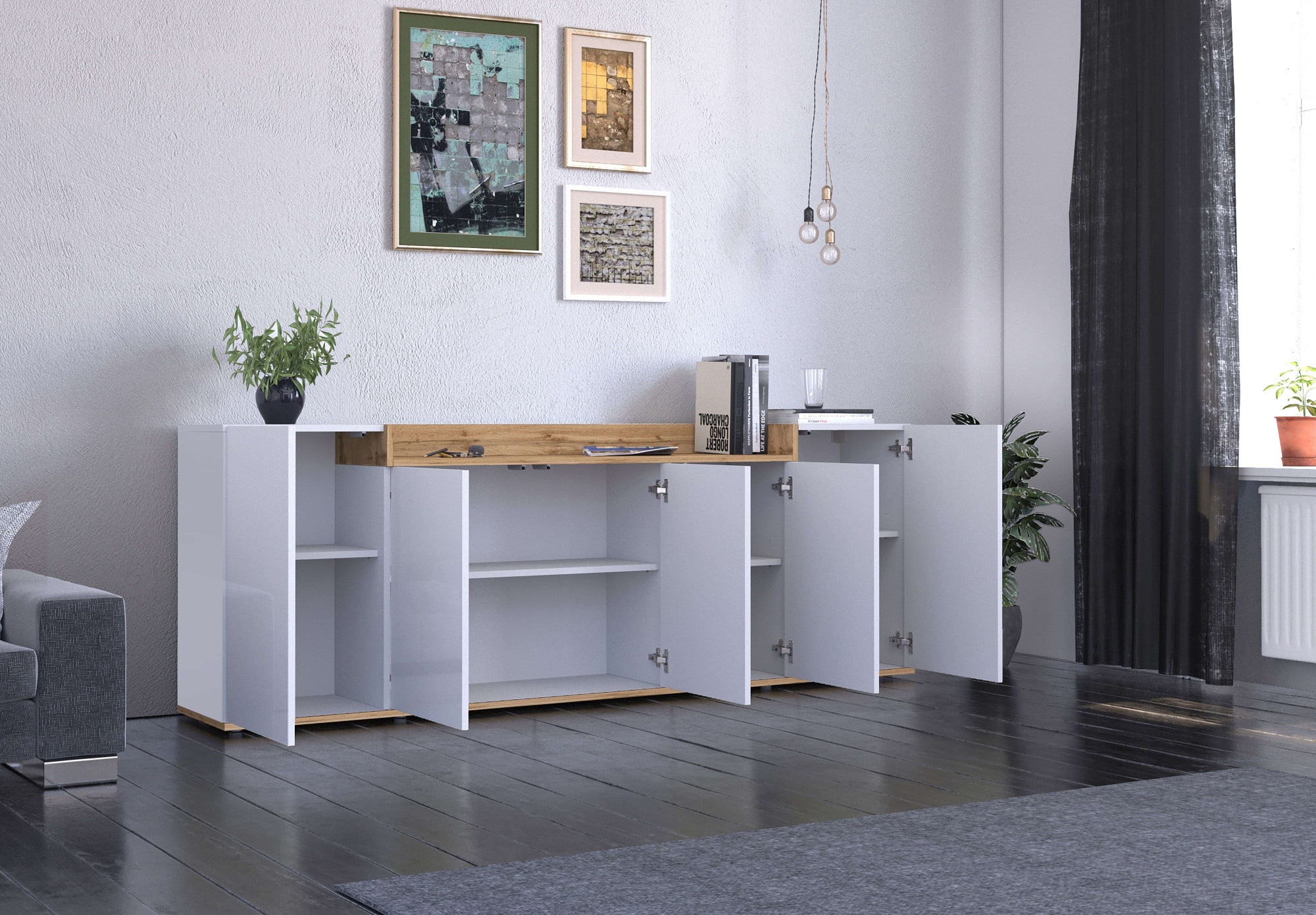 GOODproduct Sideboard »BOLSENA, Kommode, Schrank,Lowboard mit 8 Fächer und offenes Ablagefach« 1 Stk. tlg. Breite 200 cm,stehend/hängend,Fronten Hochglanz lackiert,Made in Italy