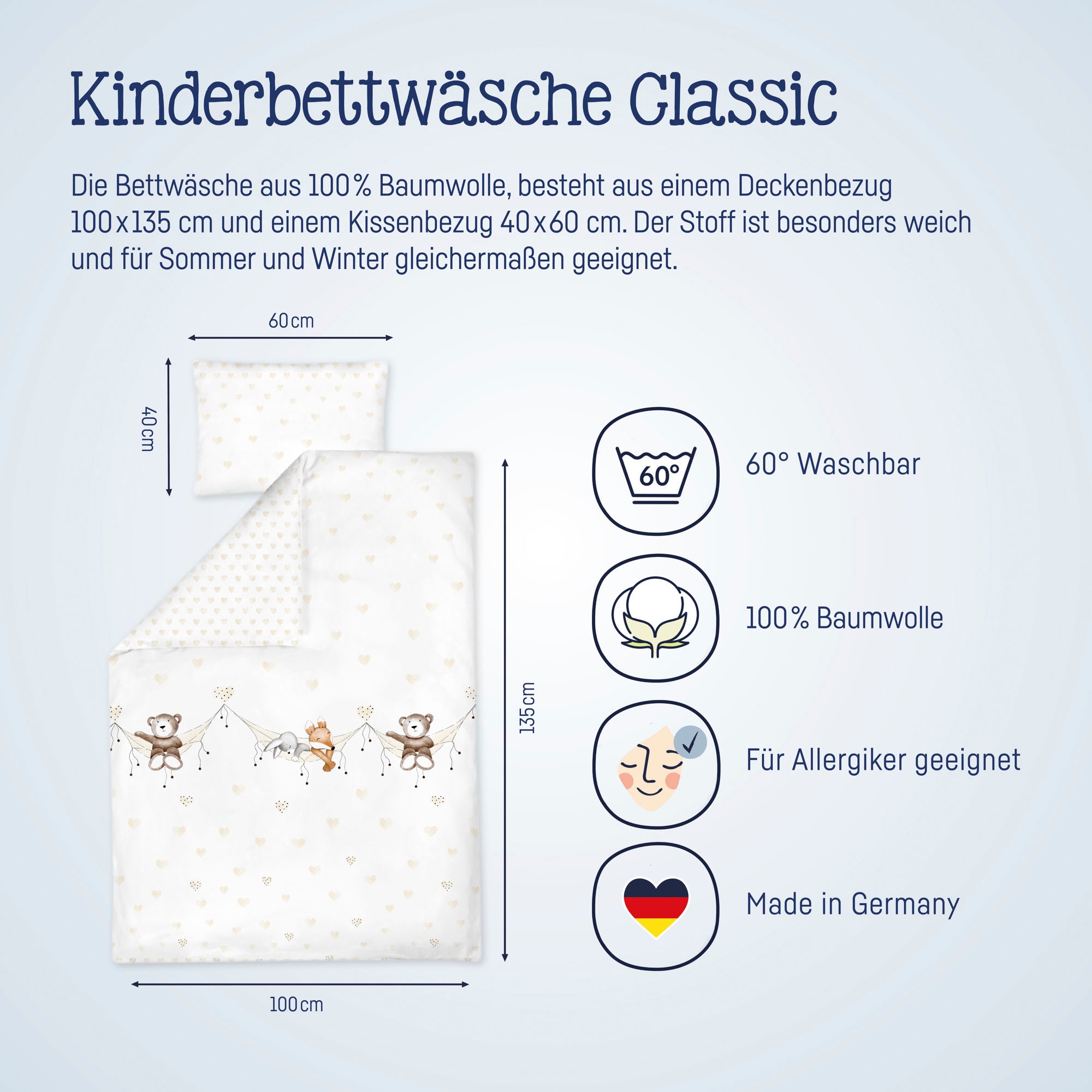 Julius Zöllner Kinderbettwäsche »Schlummerbande, 80x80 cm für Wiegen, Stubenwagen und Kinderwagen«, in 100x135cm passt in Babybetten von 70x140 und 60x120 cm