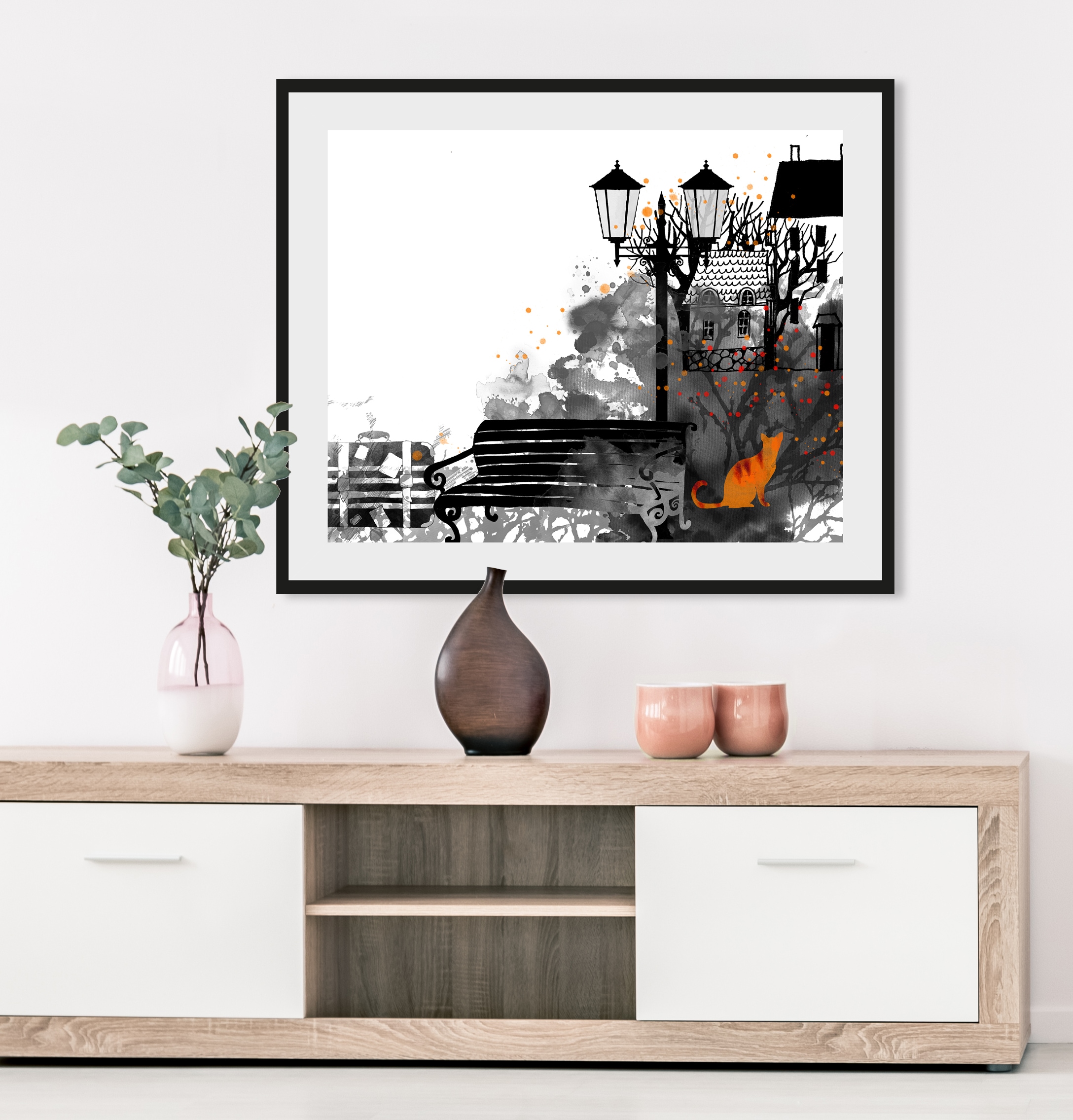 queence Bild »Park«, Katze-Katzenbilder-Stadt-Gebäude, HD Premium Poster-Druck inkl. Holzrahmen