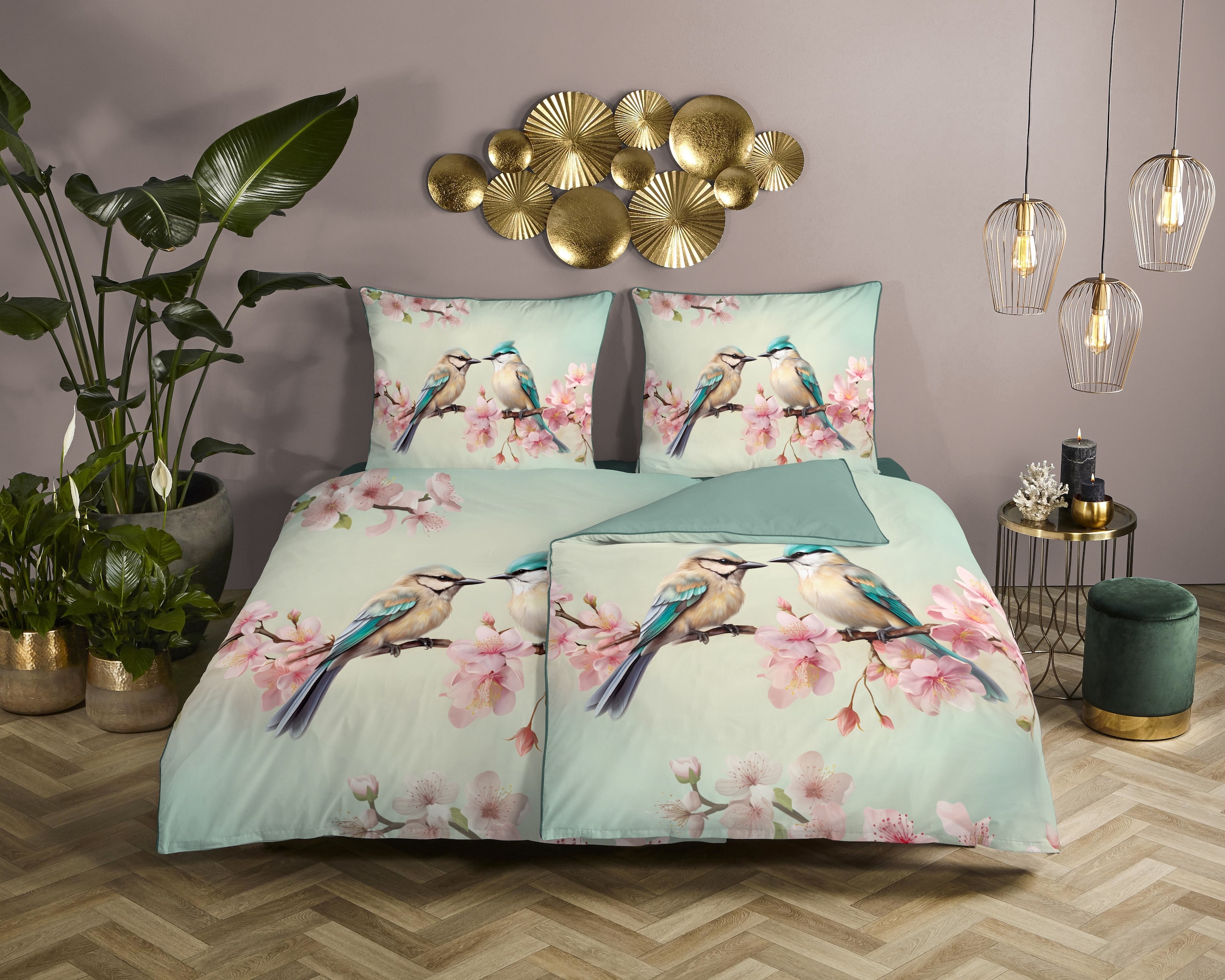 Descanso Wendebettwäsche »Minne«, Satin, Reissverschluss, Paspel, Biese, Wendeoptik, Luxe, Vogel, Mint