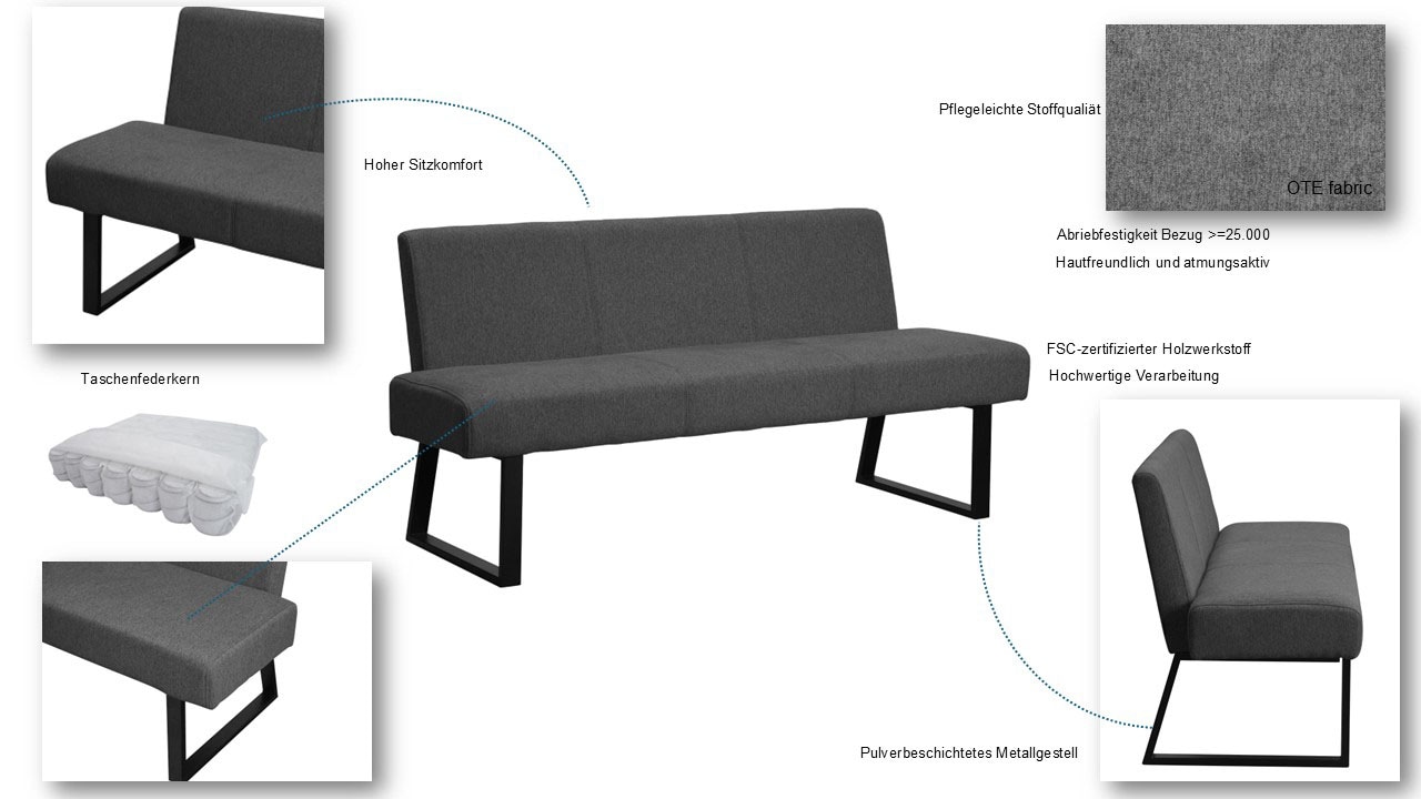 GOODproduct Polsterbank »Gladio,« Esszimmerbank, Sitzbank, Bank,  mit Taschenfederkern, schwarzes Metallgestell, Breite 148 cm