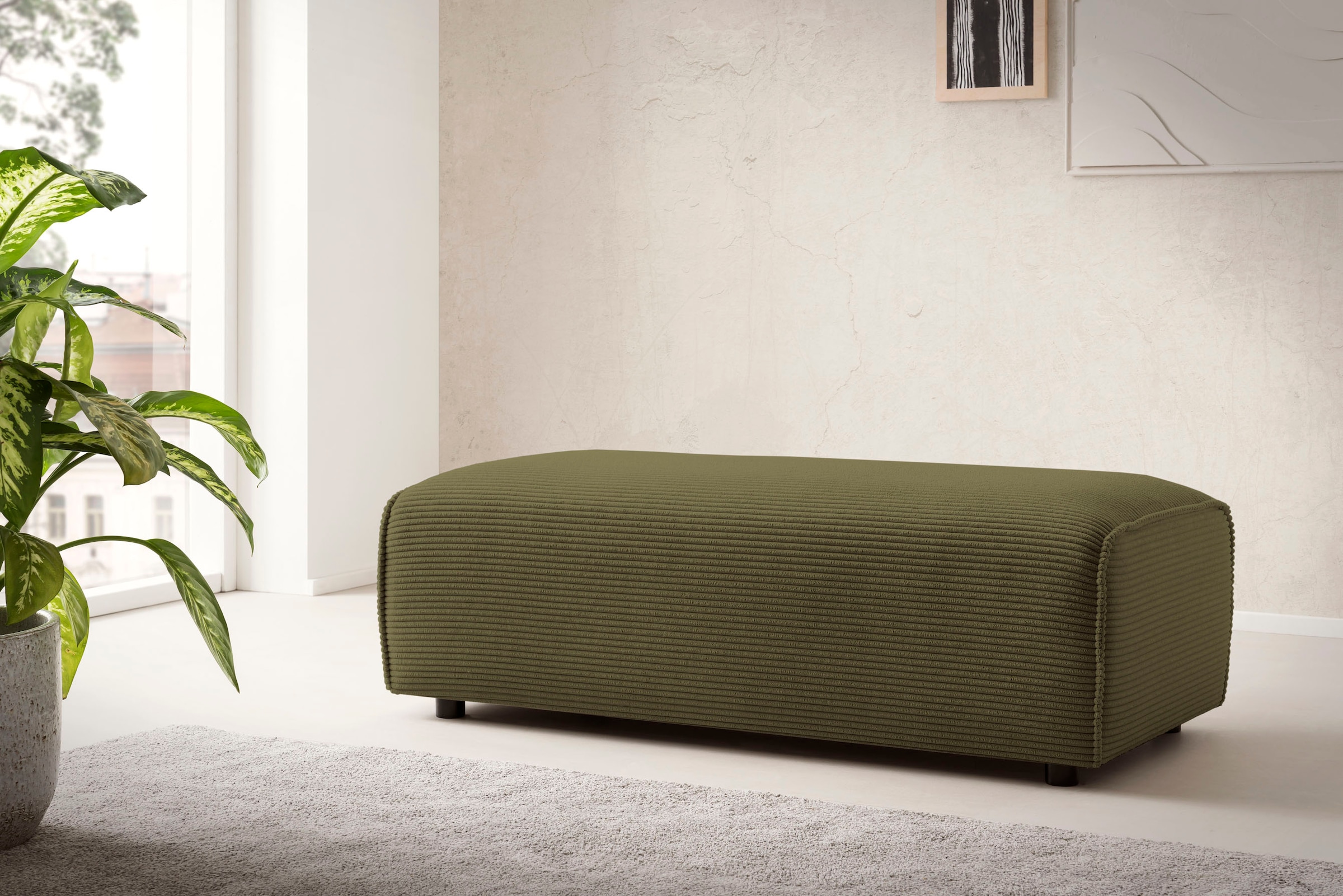 LeGer Home by Lena Gercke Hocker »PIARA, Polsterhocker mit Kedernaht in Cord oder Leinenoptik«, zur Serie PIARA, rechteckig, schwarze Füsse, bequemer Sitzkomfort