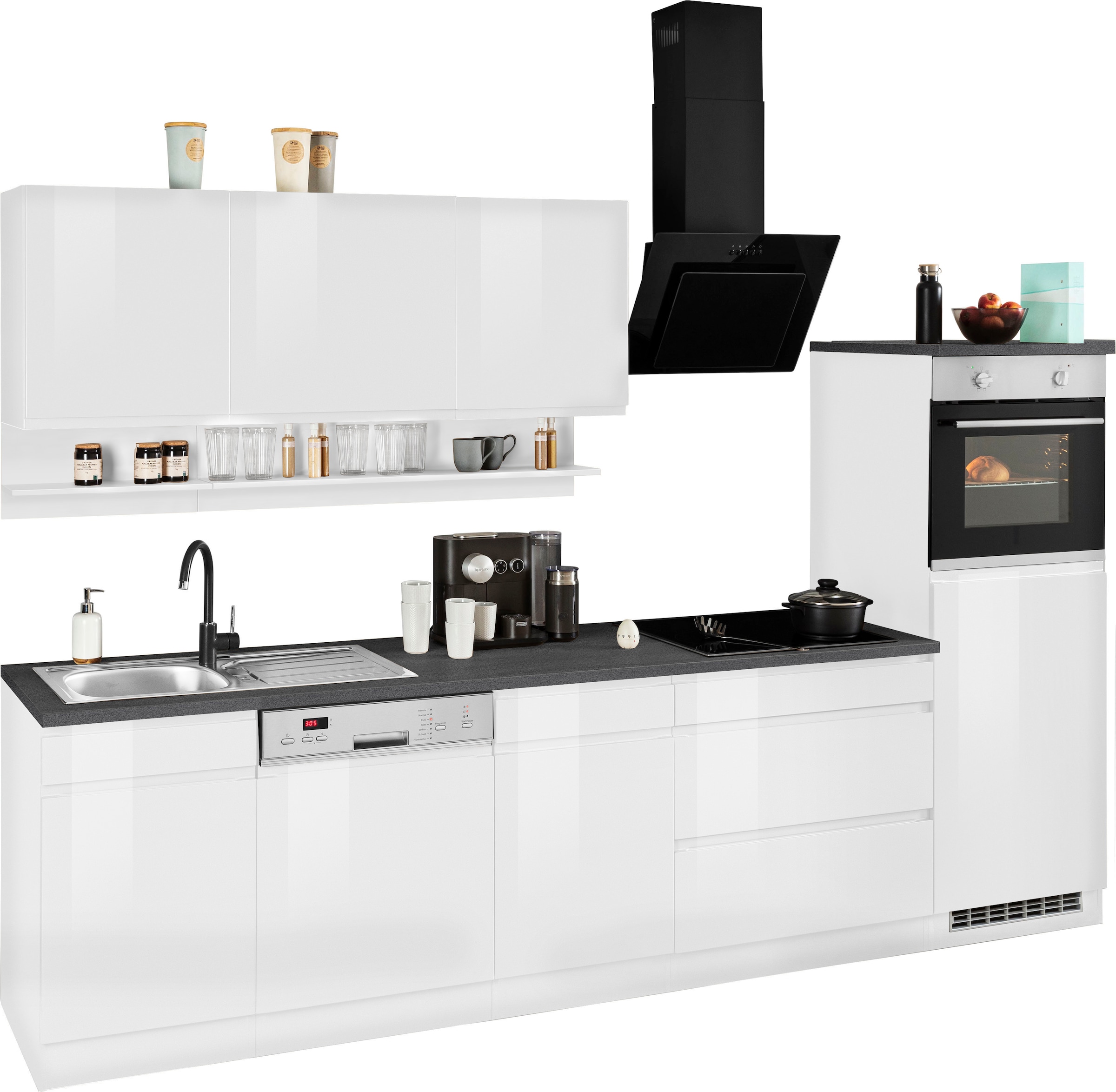 KOCHSTATION Küchenzeile »KS-Virginia,neu in verbesserter Ausführung« Arbeitsplatte 38 mm stark, Stauraum, Softclose,  Breite 300 cm, Soft-Close, wahlweise mit E-Geräten