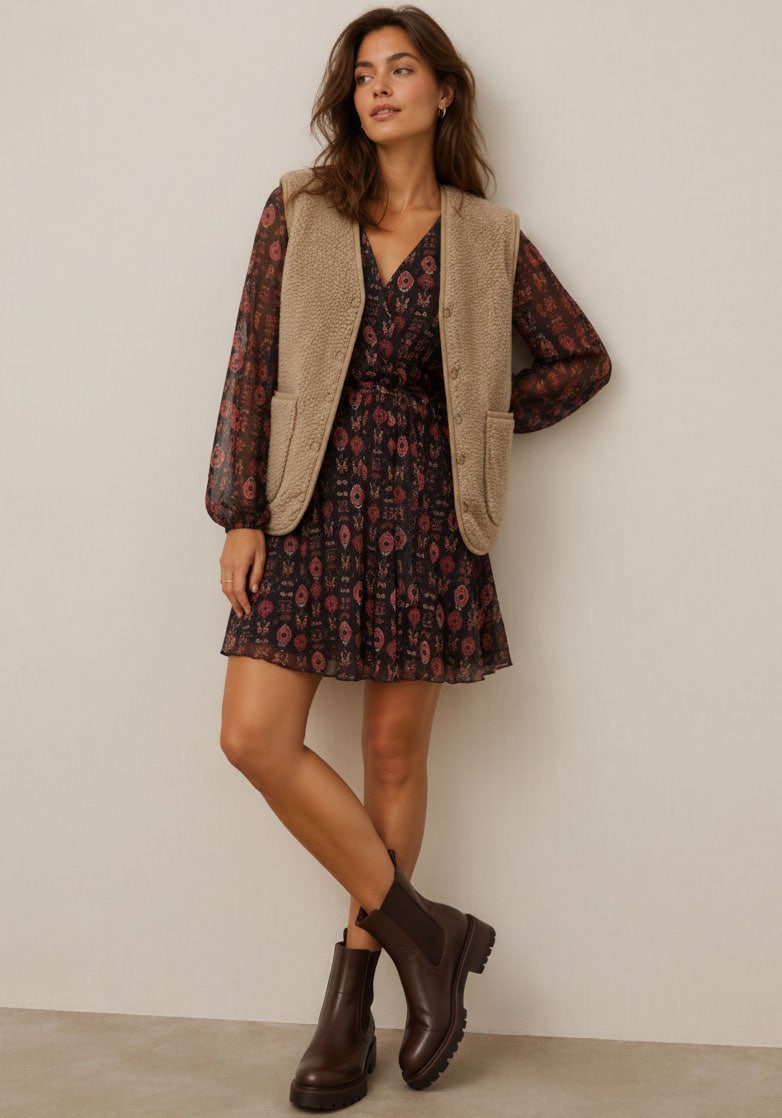 Tamaris Gilet court en polaire Teddy, avec boutons-pression