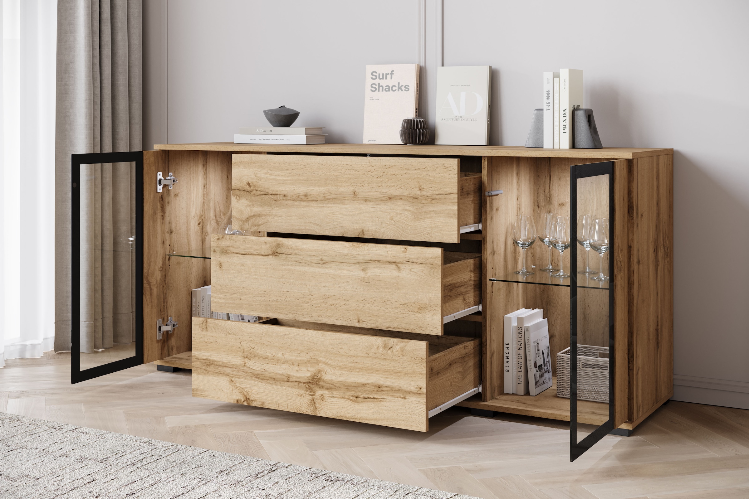 Home affaire Sideboard »modernes Design mit Glaseinsätzen und 3 Schubladen, Breite 150 cm« 1 Stk. tlg. Grifflose Fronten mit Push-to-Open, höhenverstellbare Einlegeböden,