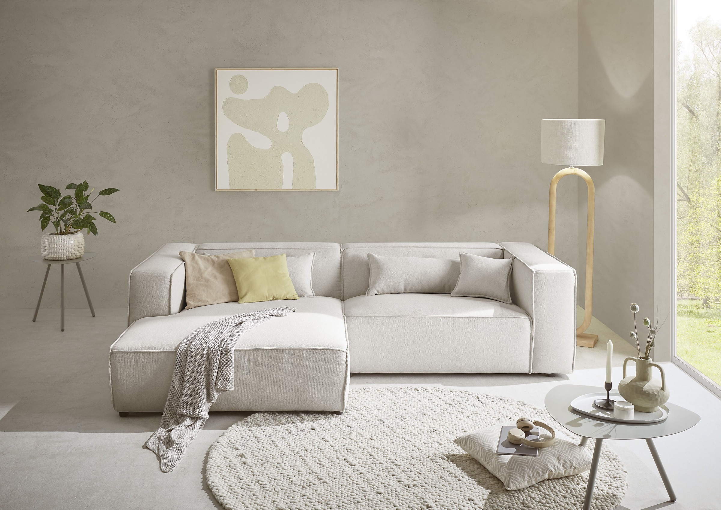 LeGer Home by Lena Gercke Ecksofa »PIARA mit Kedernaht, Cord, Leinenoptik o. Strukturstoff, Couch, L-Form«, wahlweise Ottomane rechts/links, schwarze Füsse, bequemer Sitzkomfort