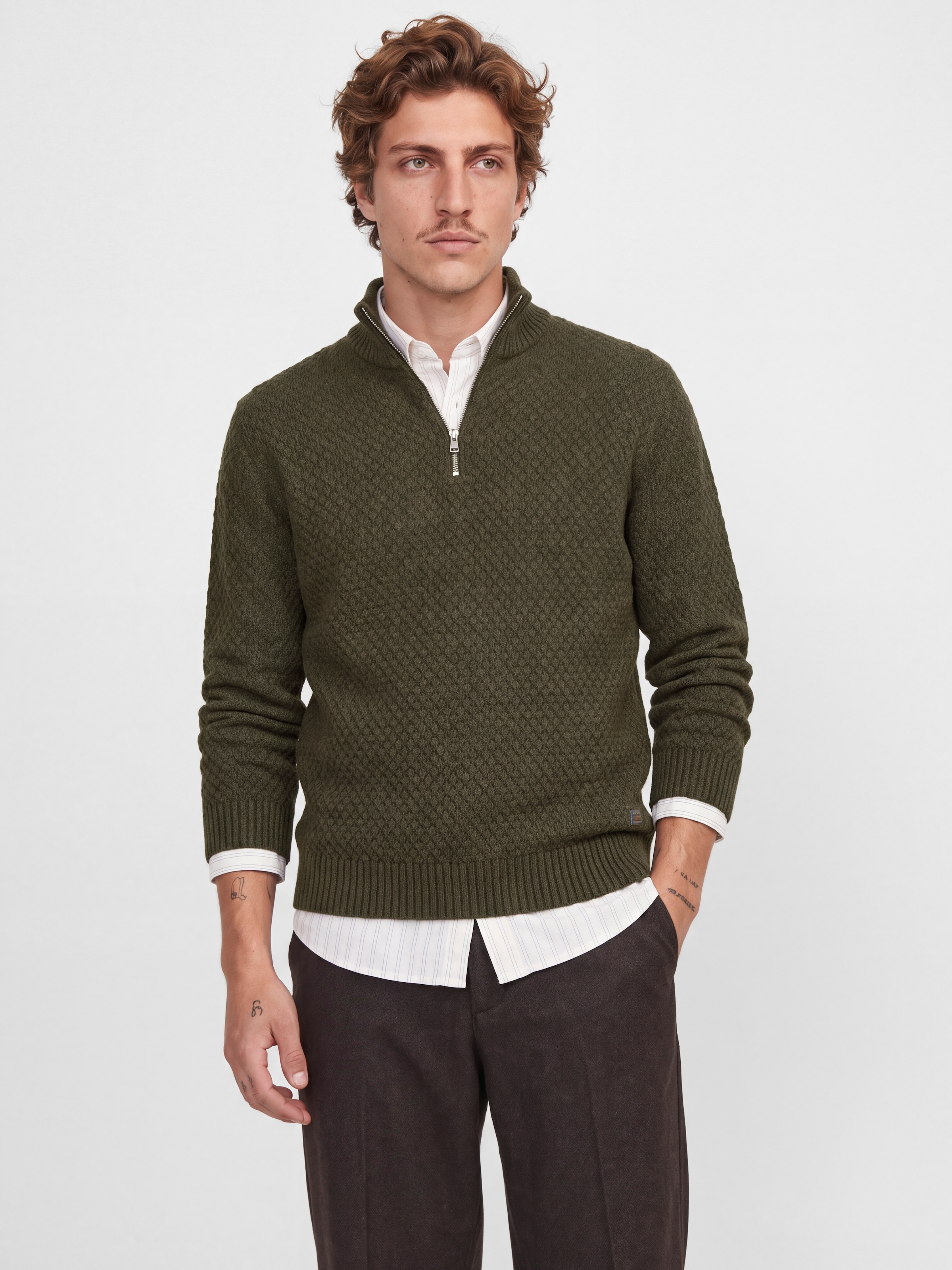 Image of Jack & Jones Troyer "JJBLAKE KNIT HALF ZIP" Materialmix, locker geschnitten