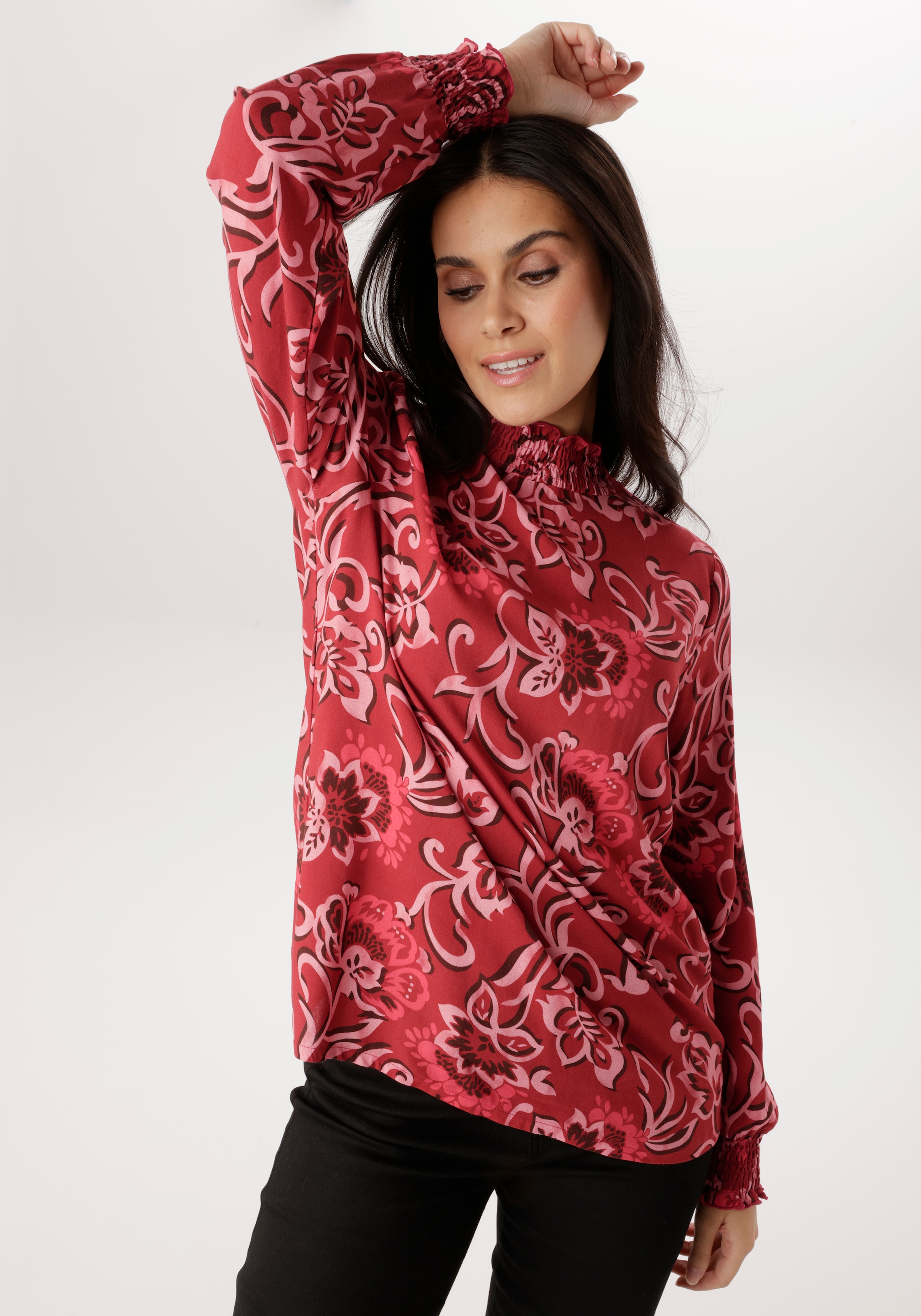 Image of Aniston SELECTED Schlupfbluse mit Blüten- und Blätterdruck und Smok-Einsätzen - NEUE KOLLEKTION