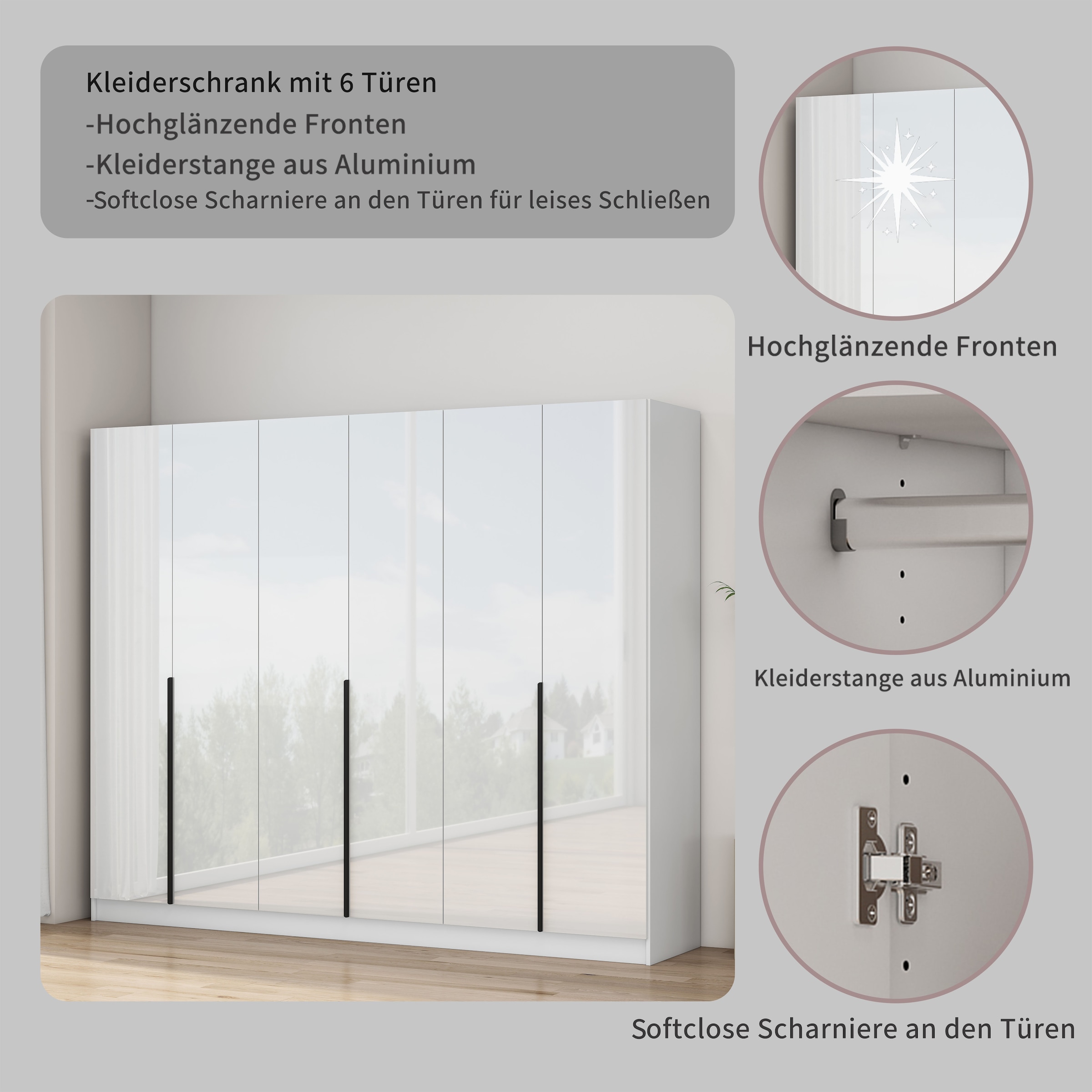 GOODproduct Armoires à vêtements »Annor Schlafzimmerschrank Breite 242cm hochglanz Schrank Garderobe« Armoire à portes battantes avec aménagement intérieur parfait - poignées de porte élégantes
