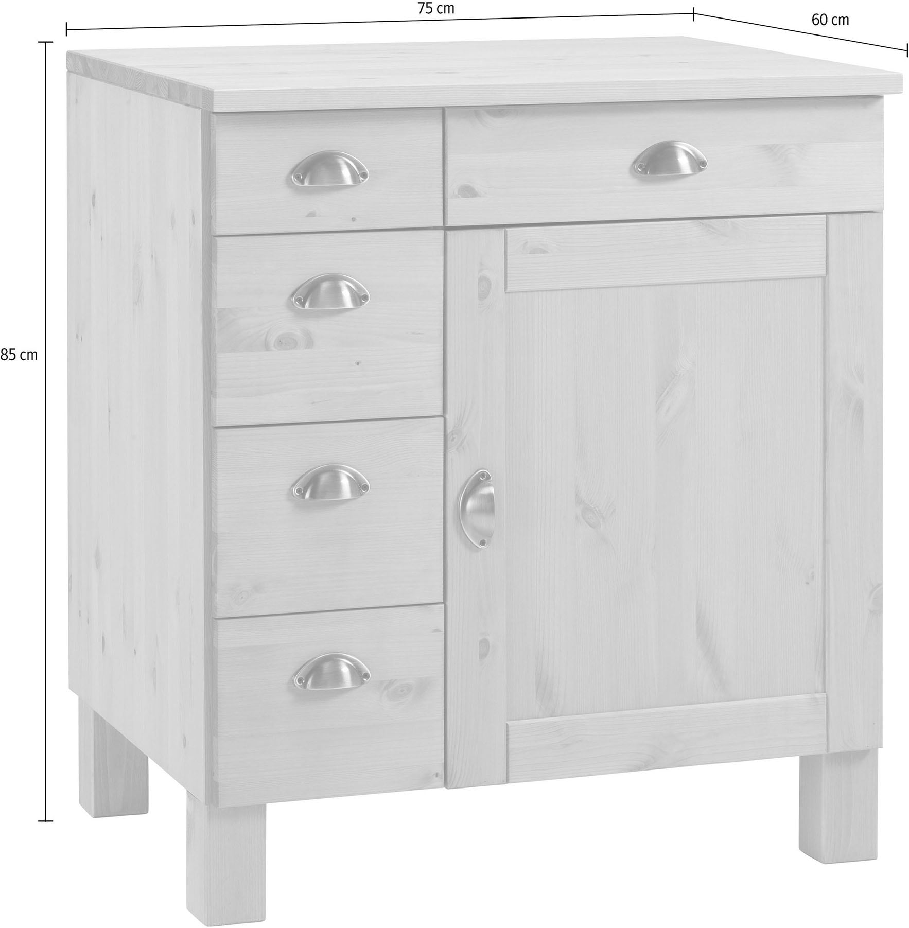 Home affaire Unterschrank »Oslo« 75 cm breit, 1 Tür, 5 Schubladen, aus Kiefer, Metallgriffe