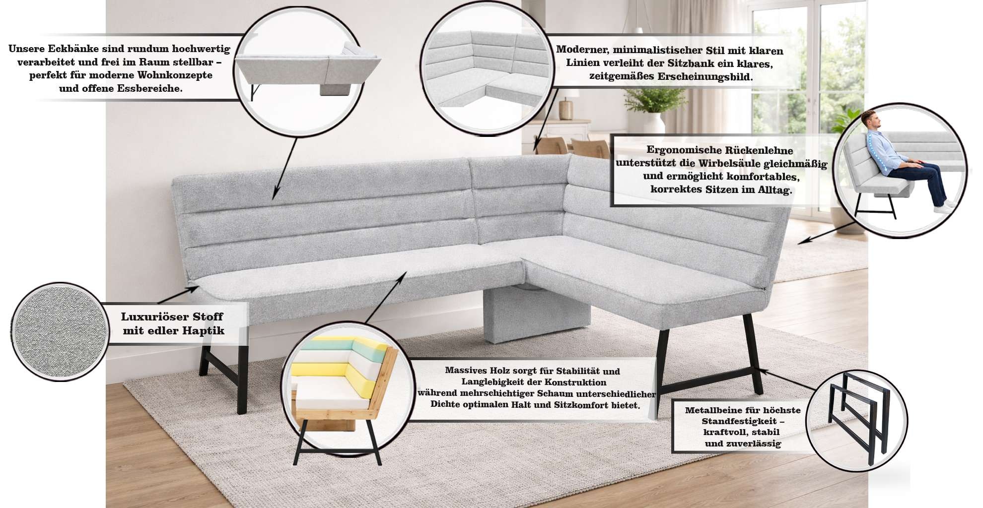 GOODproduct Eckbank »Oregon Küchenbank, Polsterbank, Esszimmerbank, 177x140 cm« Moderne Bank und  Farben, Sitzplatzanzahl: 4/5, Frei in Raum stellbar