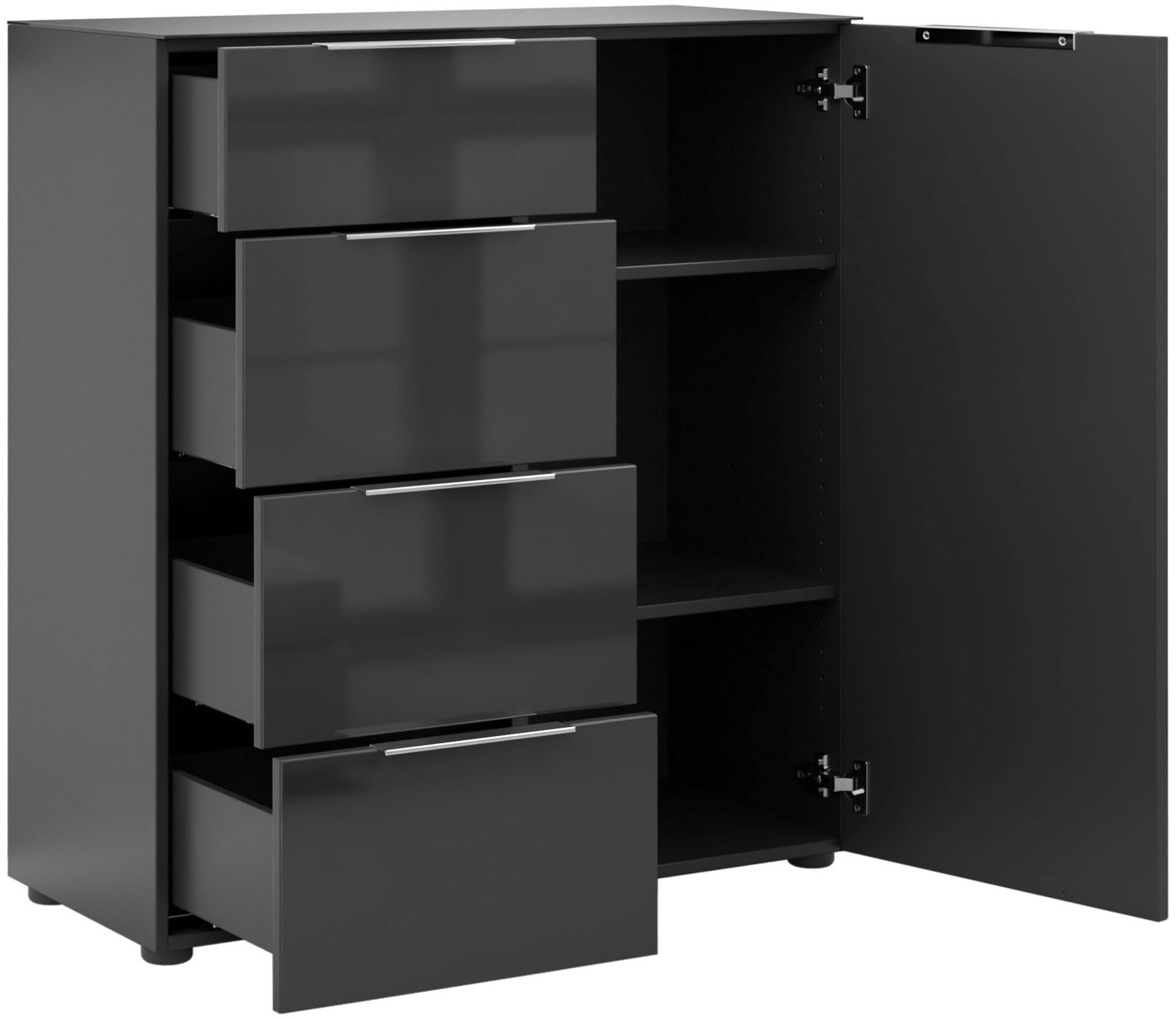 Manjana Möbel Commode »mit Chrom oder Schwarz matten Metallgriffen & Glasfront, Soft-Close« melaminbeschichteter Korpus, mit Vollauszug, Made in Germany