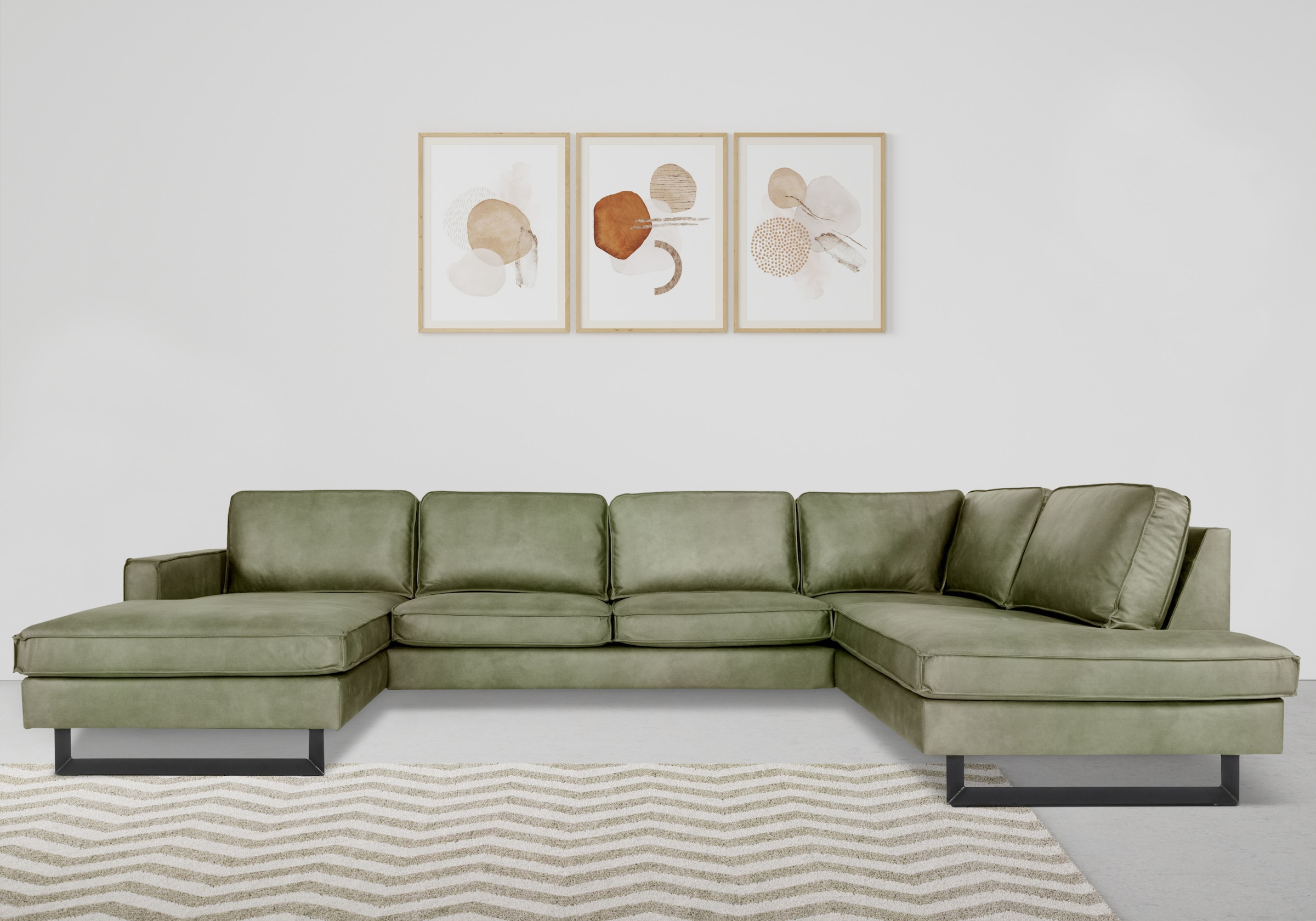 Places of Style Wohnlandschaft »Pinto, 350 cm, U-Form, XXL, mit Ottomanen«, Cord, Chenille, Lederoptik, mit Keder, Metallfüsse, Wellenunterfederung