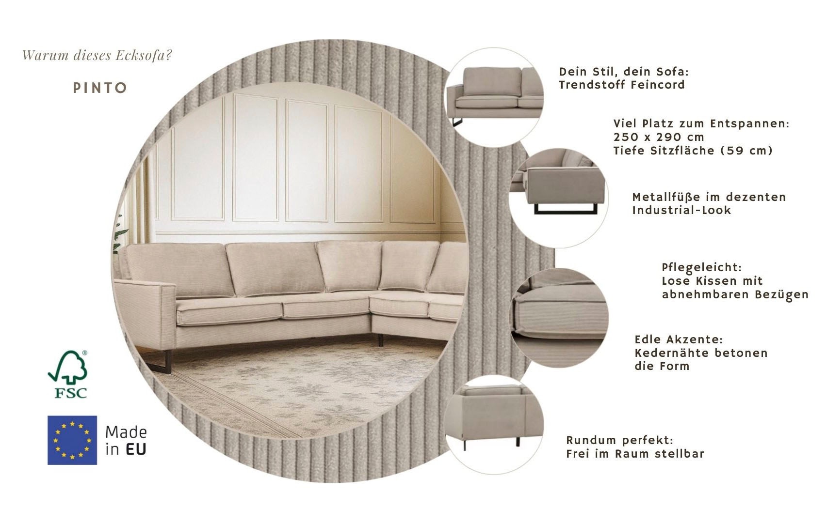 Home affaire Canapé d'angle »Pinto, XXL, 250/290 cm, langer Schenkel, Ottomane« Cord, Chenille, Lederoptik, mit Keder, Metallfüsse, Wellenunterfederung
