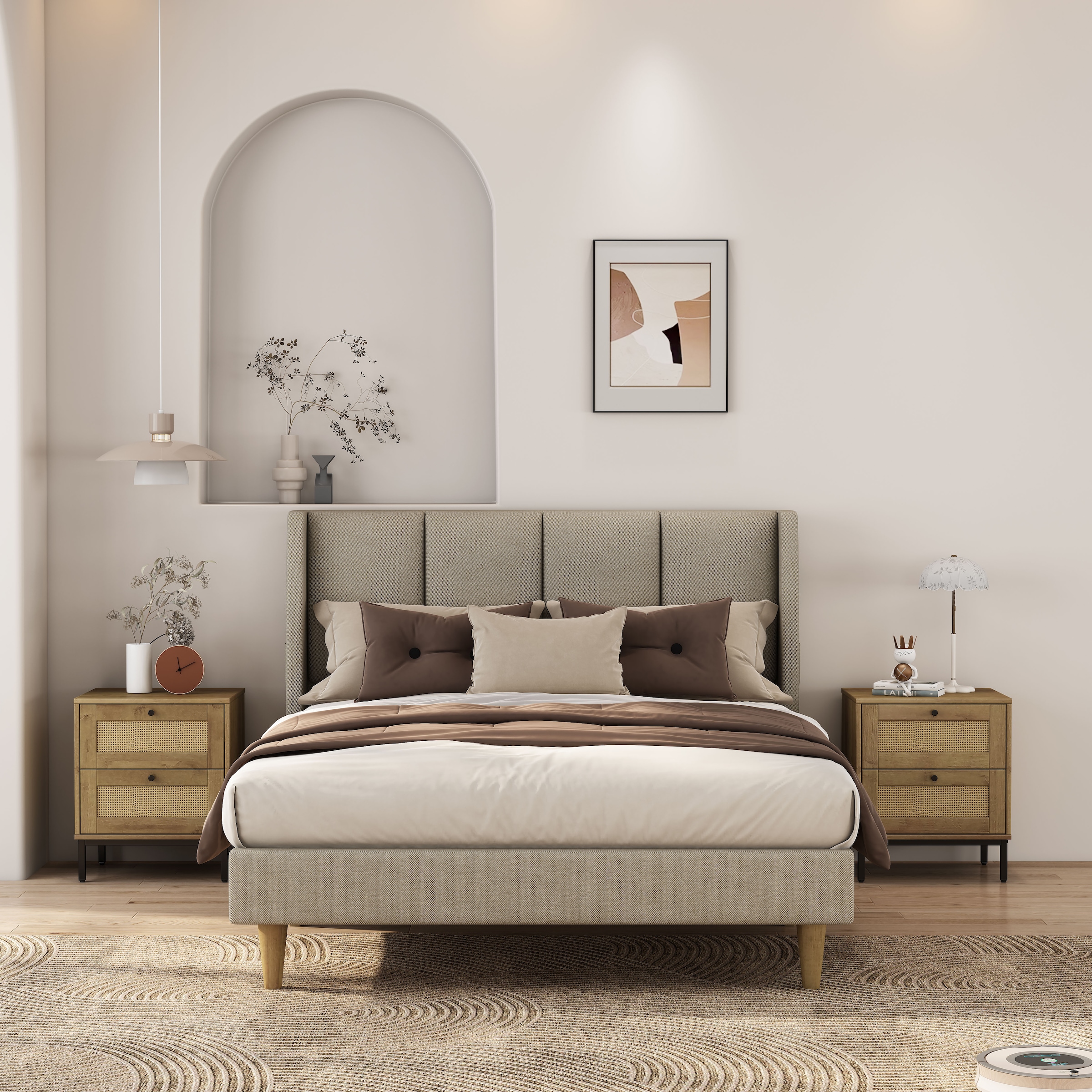 GOODproduct Nachtkommode »Motala Nachtschrank Set BOHO Style mit Geflecht Schubladen Bestseller« Set, 2 Schränke im Set - Eichen-Design mit schwarzen Griffen, 