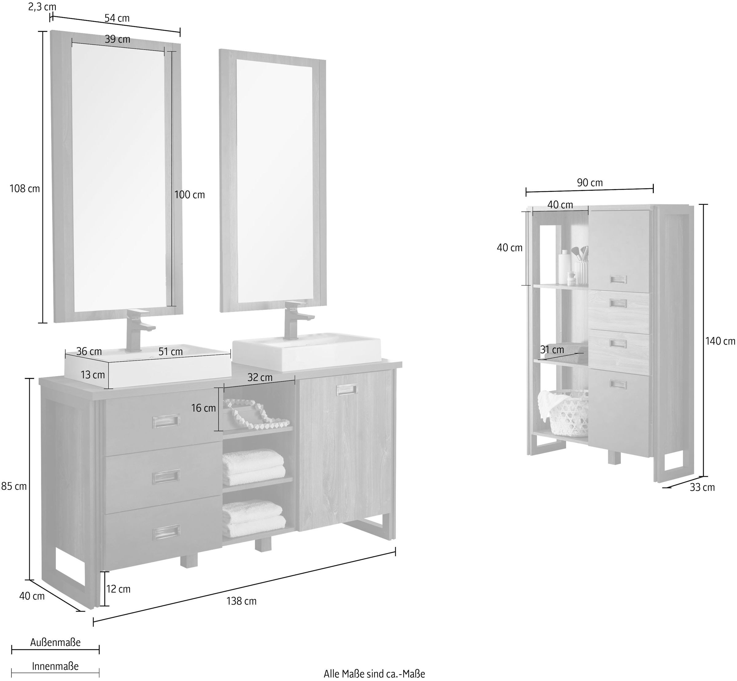 Home affaire Badmöbel-Set »Detroit, Bad im Industrialdesign, 3-teiliges Badezimmer«, (Set, 4 St.), Waschtisch, Highboard, Spiegel, inkl. 2 Mineralguss-Aufsatzwaschbecken