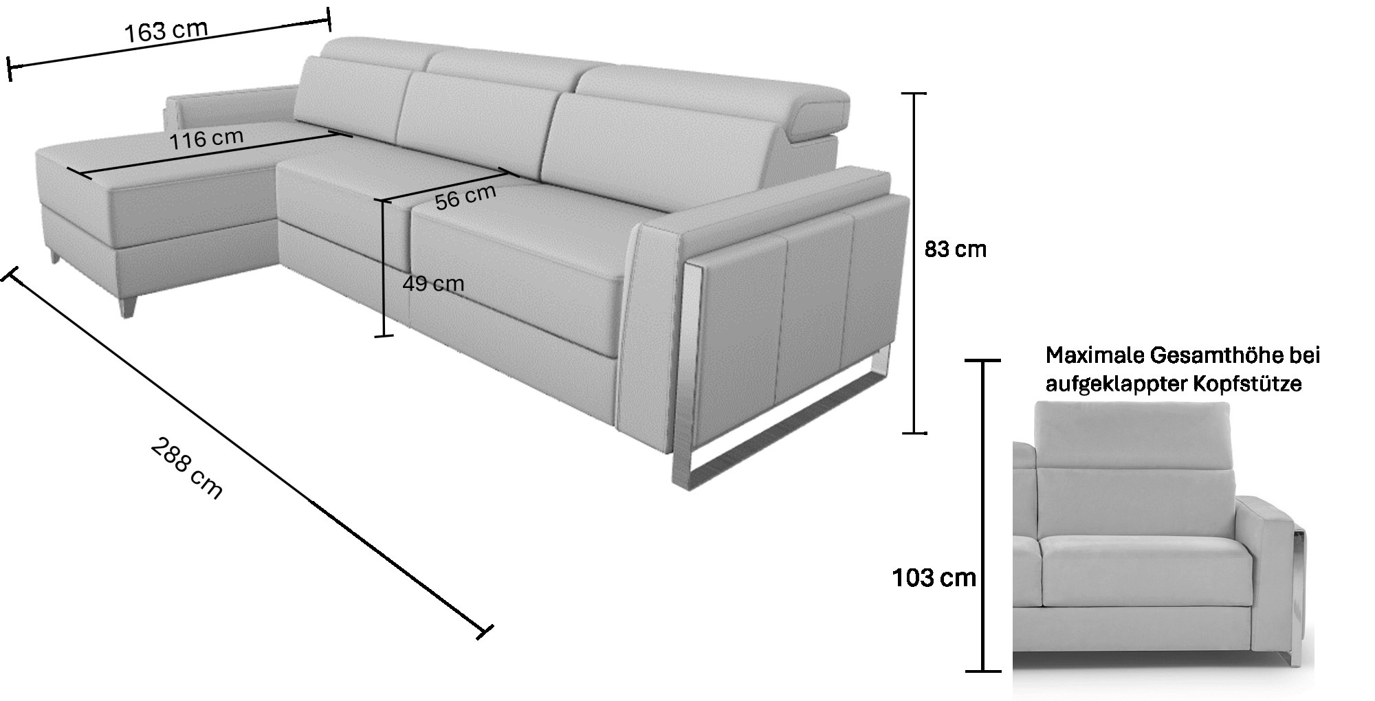 CALIA ITALIA Polsterecke »ECLETTICO, Ecksofa, Stellmasse 288/163 cm, L-Form,Metall Kufen Füsse,«, wahlweise links oder rechts bestellbar,inklusiv Kopfteilverstellung