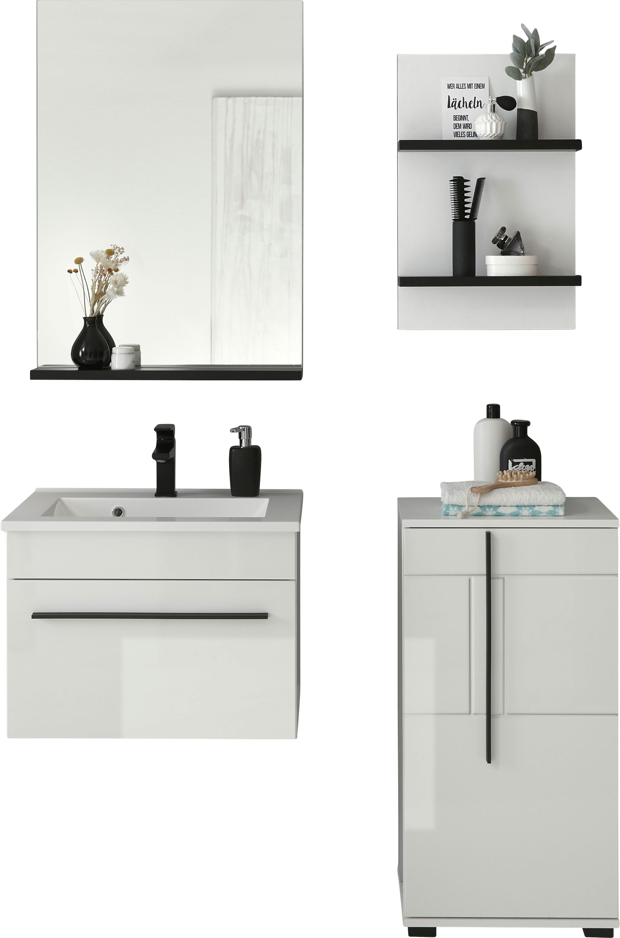 INOSIGN Badmöbel-Set »Cantara, Bad im modernen Design, 4-teiliges Badezimmer«, (Set, 4 St.), Waschtisch, Schrank, Hängeregal und Spiegel, in Weiss Hochglanz