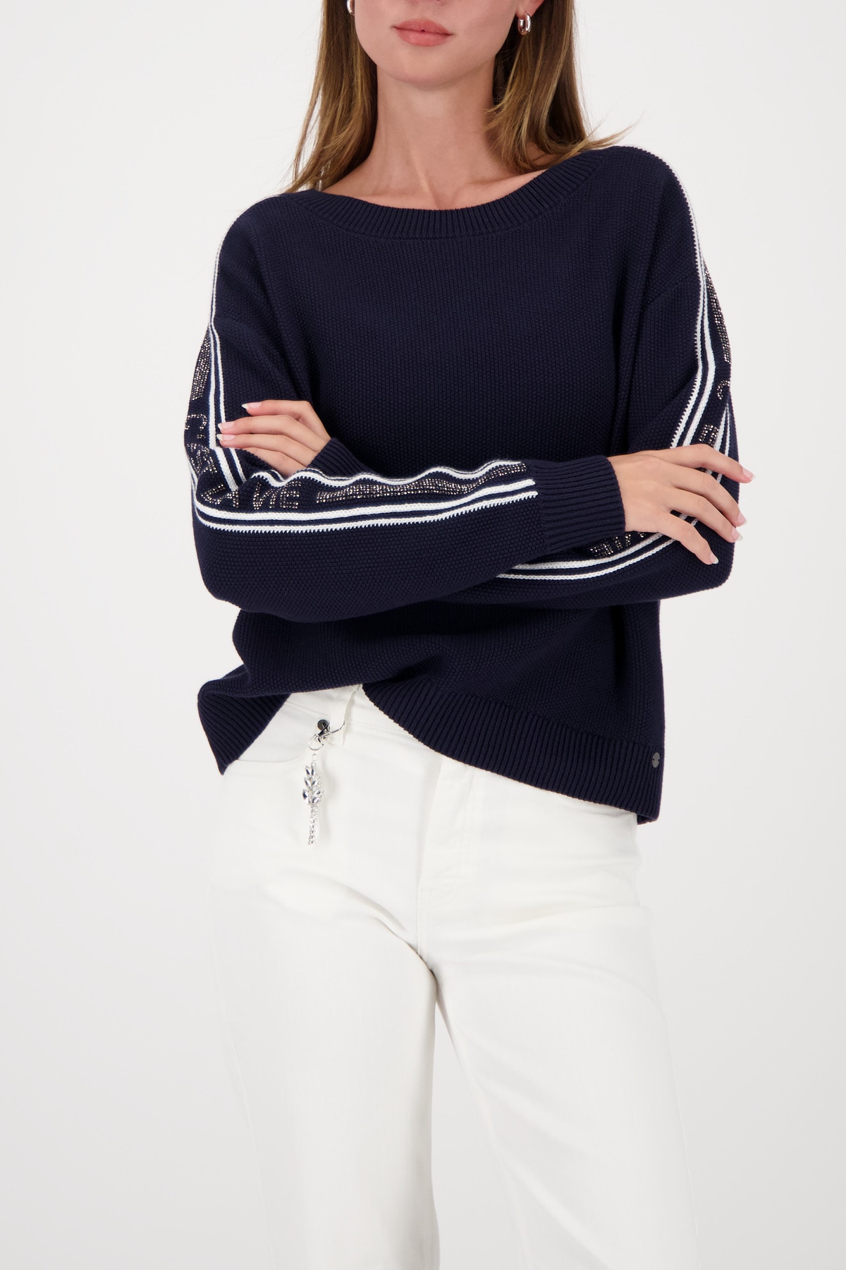 Image of Monari Strickpullover Regular Fit, Streifendetails, Strasssteinschriftzug