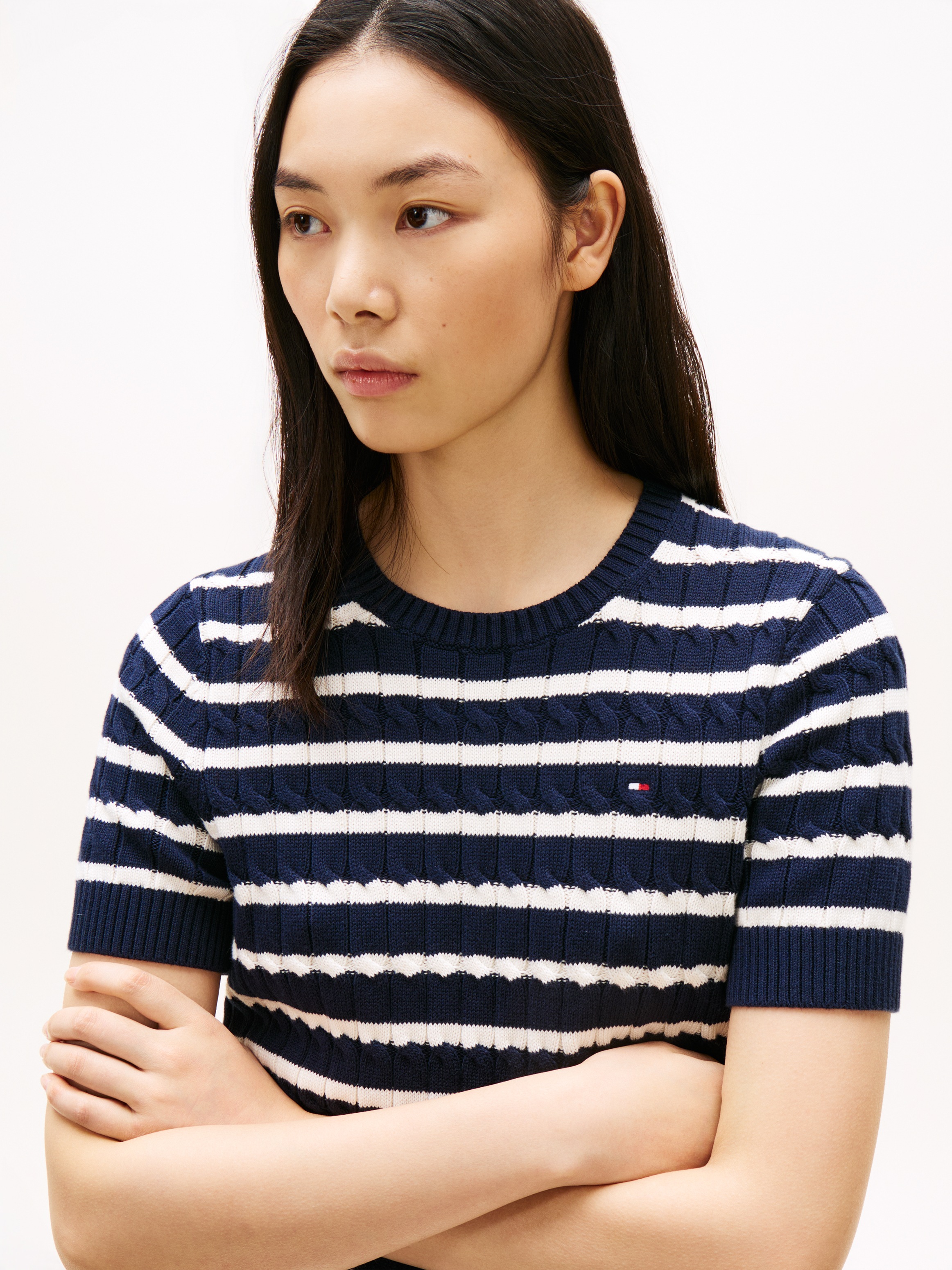 Tommy Hilfiger Pull à manches courtes »CO CABLE MID GG SS C-NK SWT« Baumwolle, mit Zopfmuster