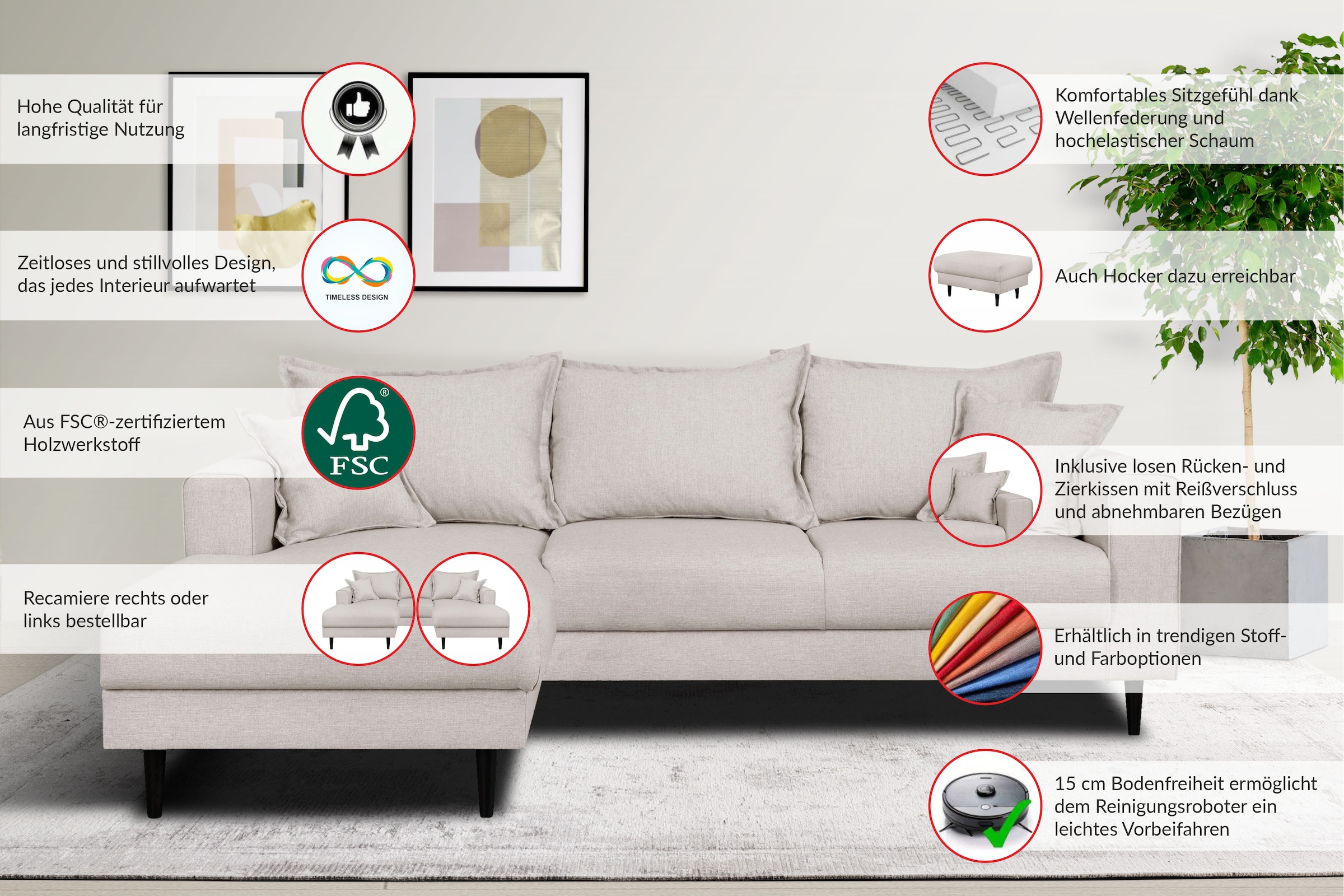 Home affaire Ecksofa »VEYRAS L-Form, hoher Sitzkomfort, Masse B/T/H: 230/150/76 cm«, mit Wellenunterfederung, incl. Rückenkissen und Zierkissen