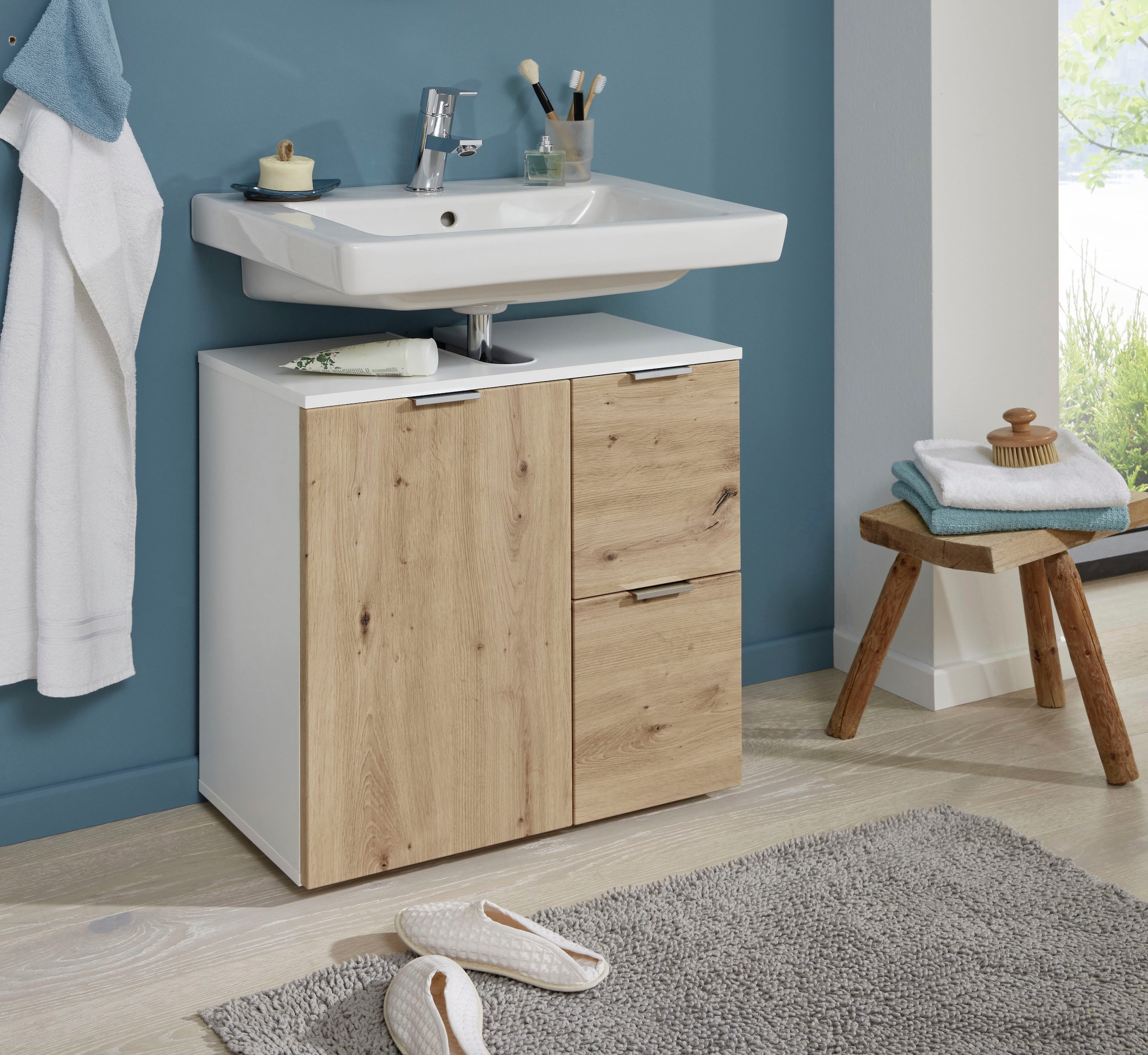trendteam Waschbeckenunterschrank »Concept One«, Waschtisch mit 2 Fächern und 2 Schubladen in Weiss/Echtholzoptik