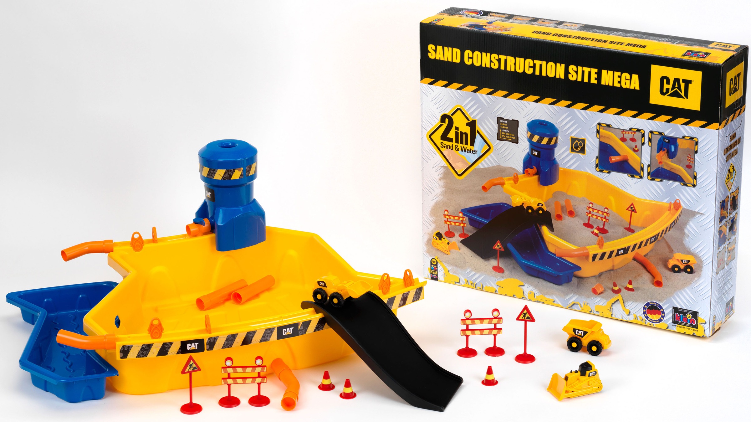 Image of Klein Spielzeug-Radlader "Caterpilar CAT Sandbaustelle Mega" mit 3 Cat Fahrzeugen; Made in Germany