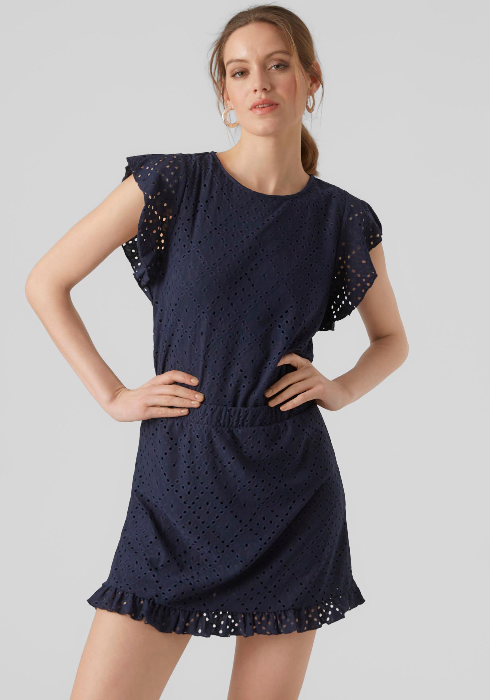 Image of Vero Moda Rundhalsshirt "VMTASSA SL FRILL TOP NOOS" Materialmix, loose fit