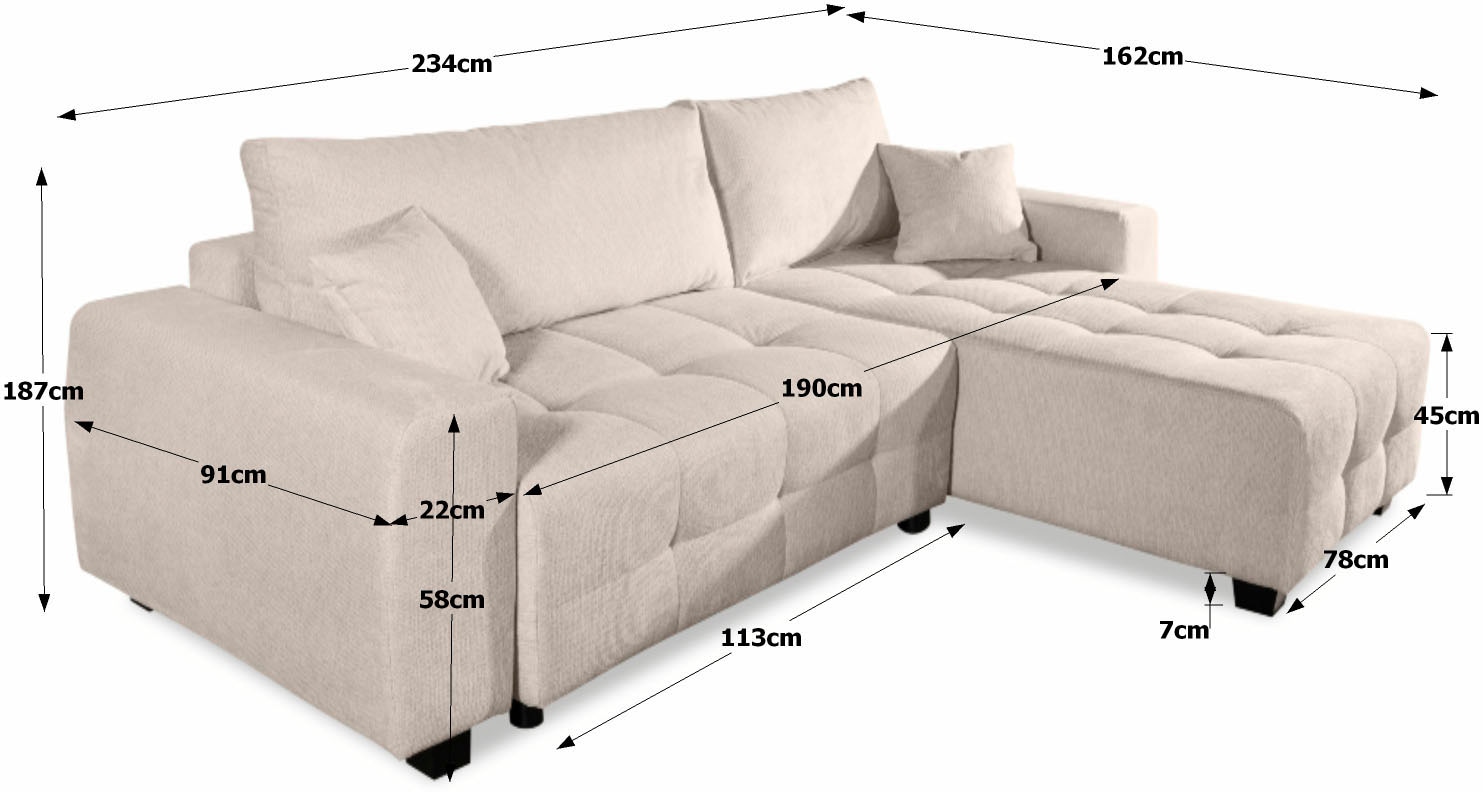 GOODproduct Ecksofa »Bella Couch L-Form, B: 234 cm, Zierkissen inklusive« optional Schlaffunktion & Bettkasten, Wohnkomfort