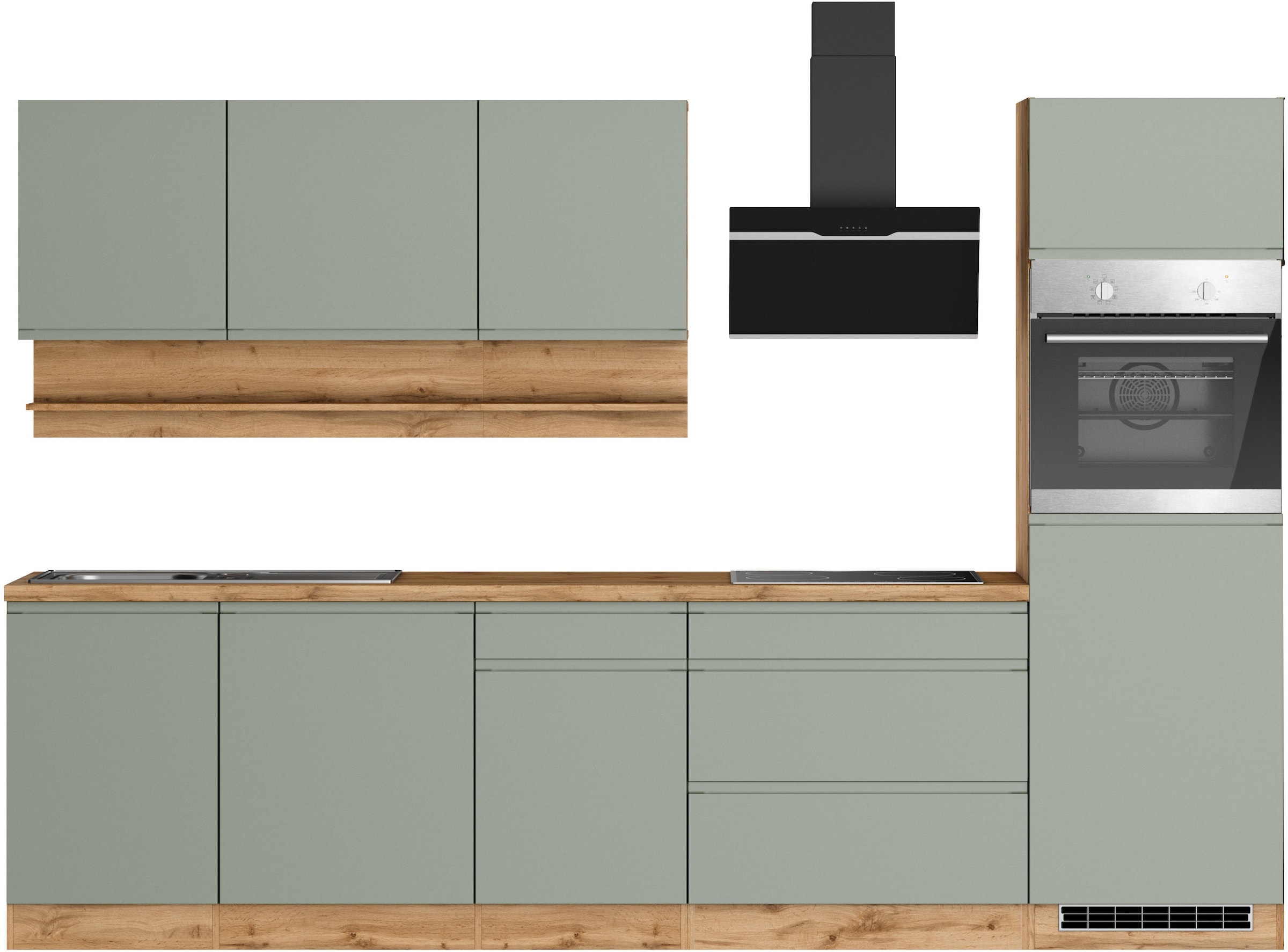 KOCHSTATION Küchenzeile »KS-Virginia,neu in verbesserter Ausführung« Arbeitsplatte 38 mm stark, Stauraum, Softclose,  Breite 300 cm, Soft-Close, wahlweise mit E-Geräten