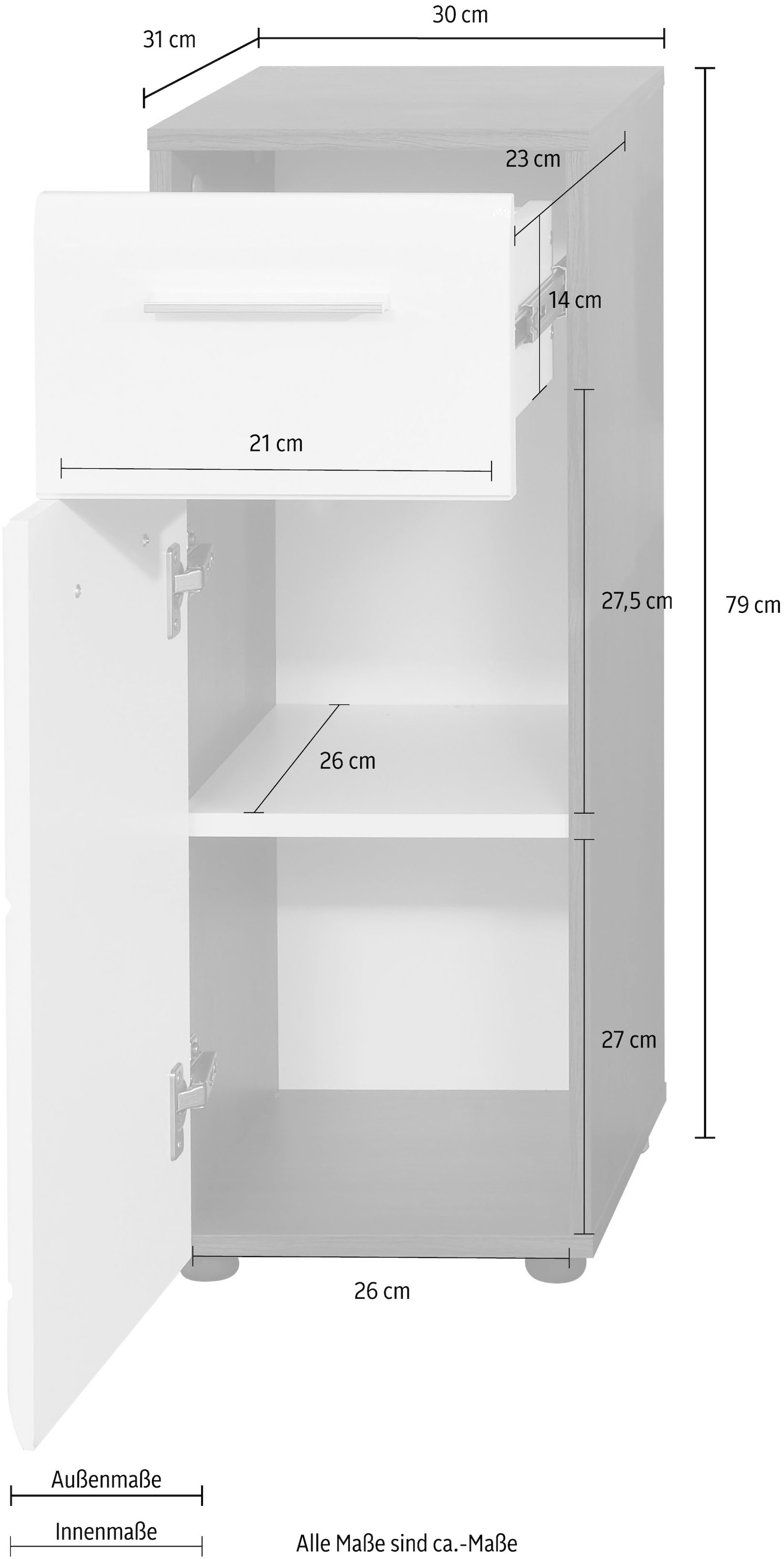 welltime Armoire basse »Sovana« commode de salle de bain avec façade laquée brillante et 1 tiroir - (L/P/H) 30/31/80 cm