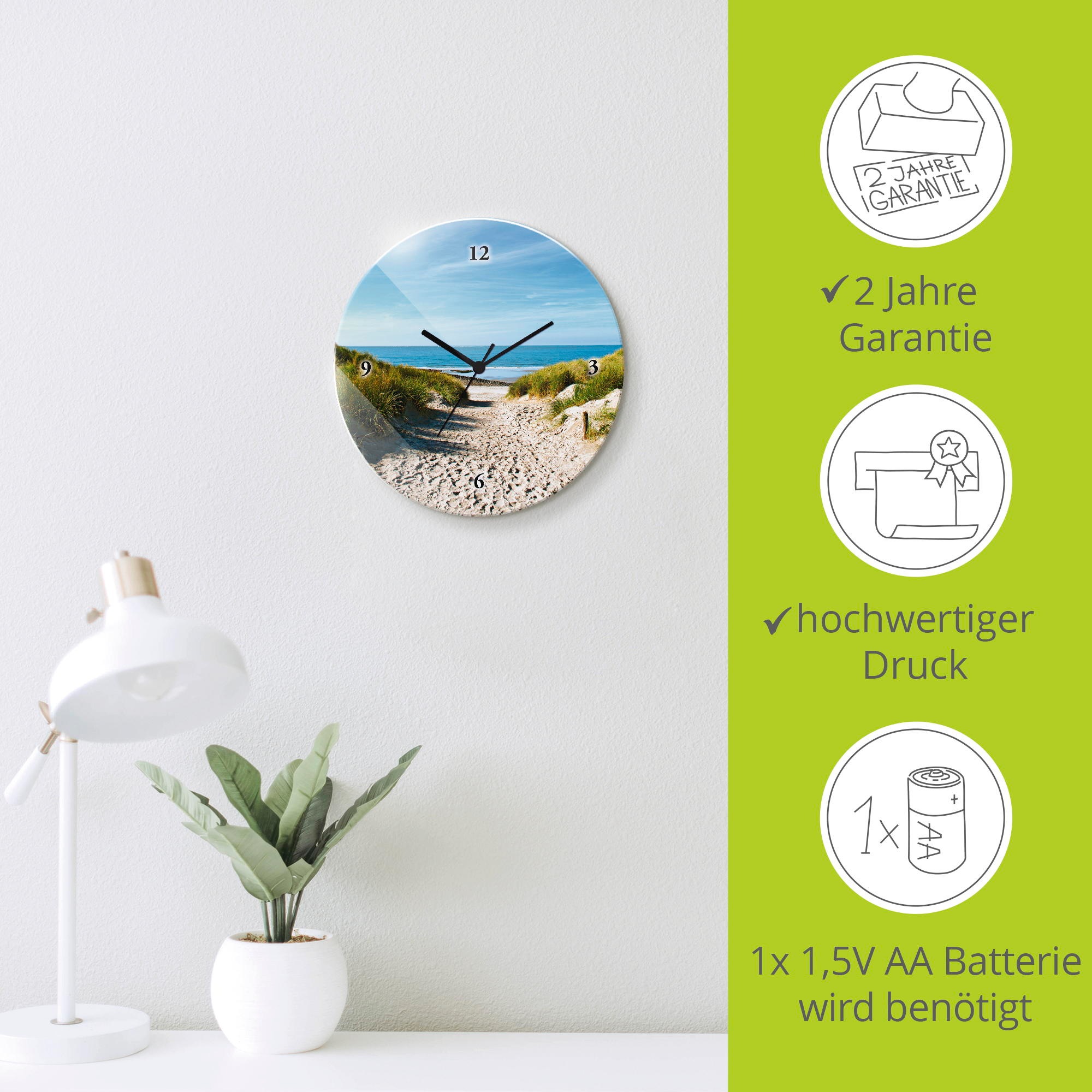 Artland Wanduhr »Strand mit Sanddünen und Weg zur See« wahlweise mit Quarz- oder Funkuhrwerk, lautlos ohne Tickgeräusche