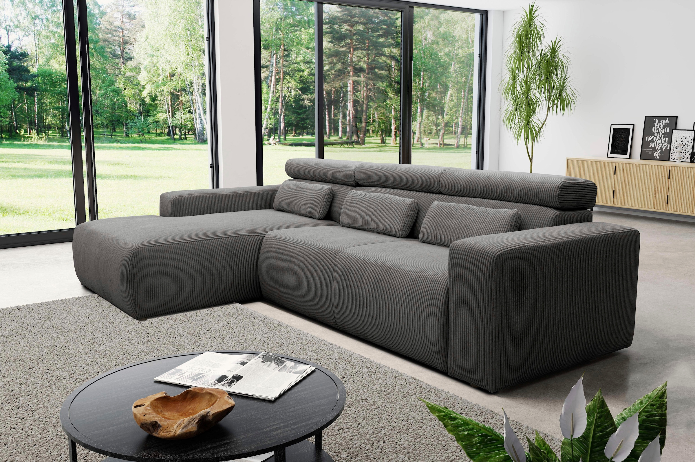 Image of DOMO collection Ecksofa "BRANDON 289x177x80 cm, whlw. mit Sitztiefenverstellung, L-Form" ohne Sitztiefenverstellung, Cord, grau