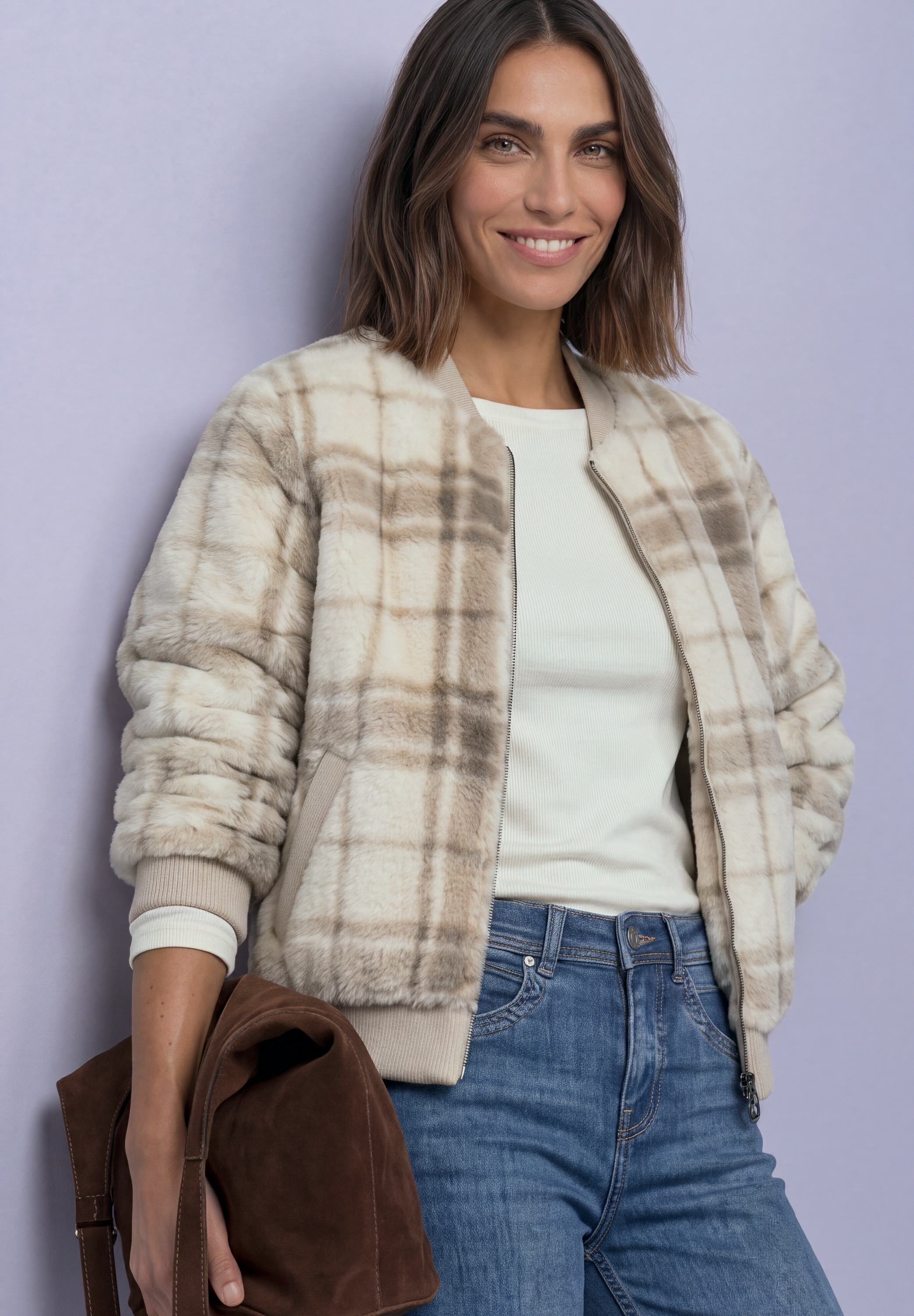 Image of STREET ONE Blouson ohne Kapuze Fake Fur Blouson mit Strickdetails und Print
