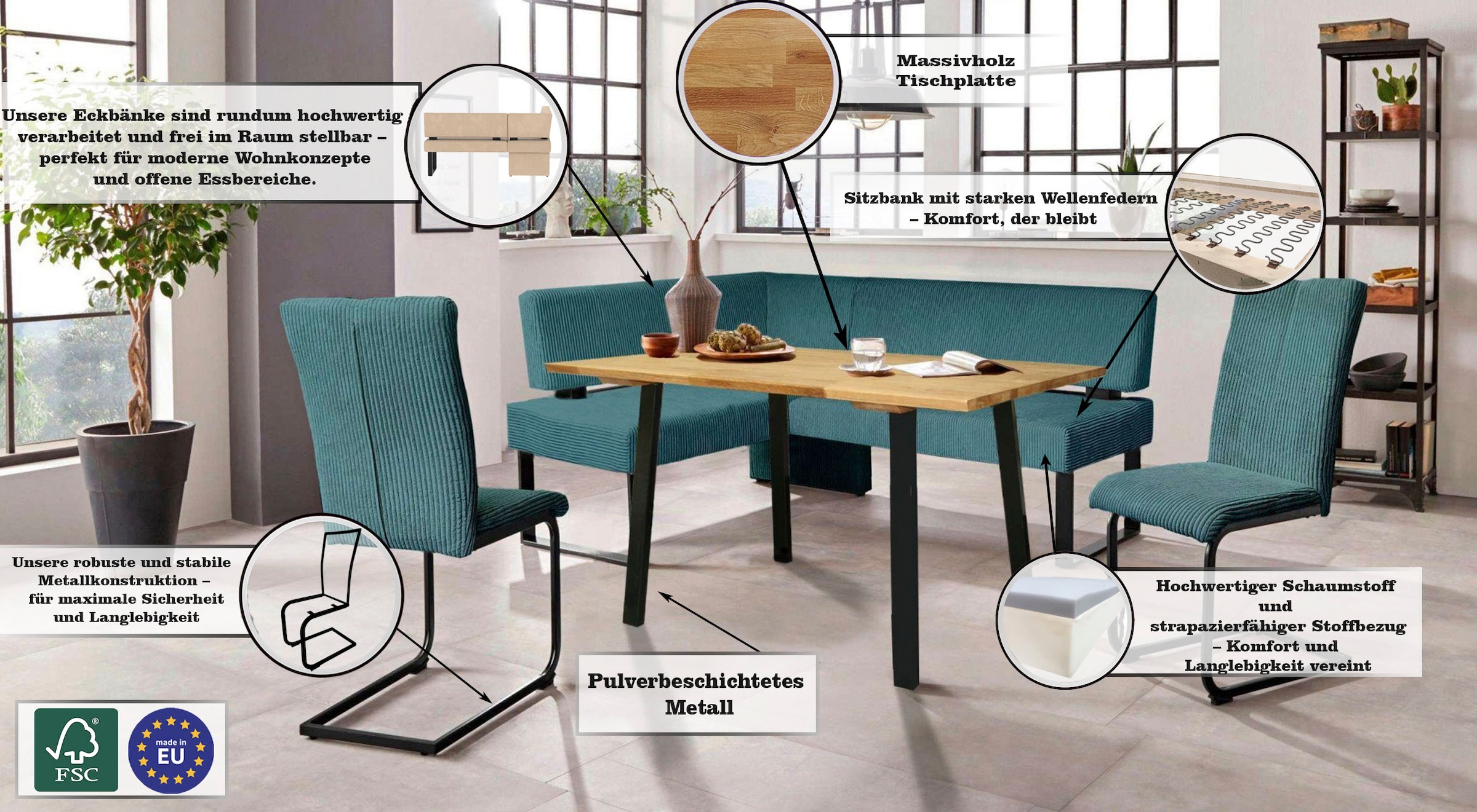 GOODproduct Ensemble de bancs d'angle »Oliver« Ensemble, 4-tlg, 4 cuis tlg. Eckbank mit Wellenunterfederung im Sitz, Tisch Massiv Eiche