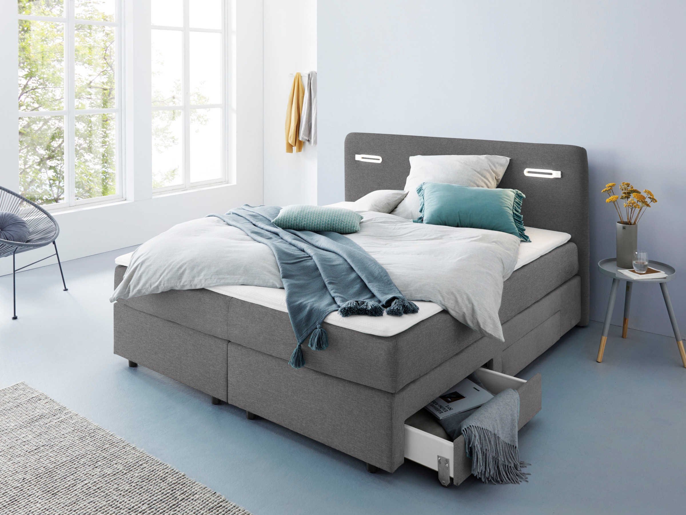 INOSIGN Boxbett »Luan«, Schubkästen, LED-Beleuchtung und Topper, in Breite 120 cm und 180 cm