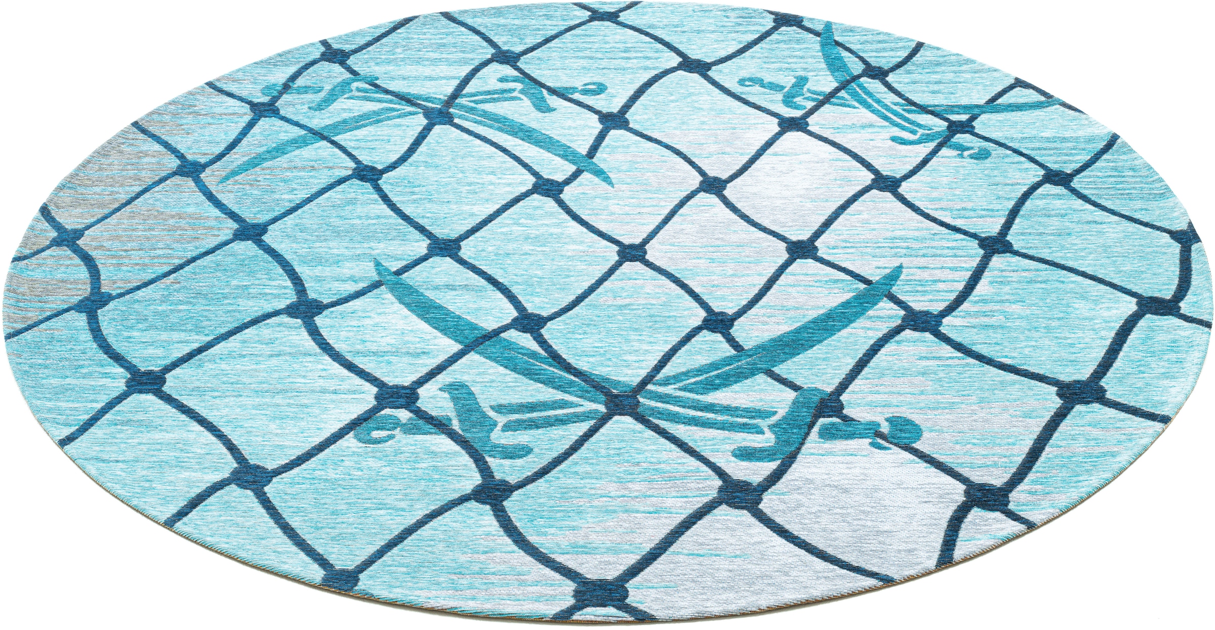 Image of Sansibar Teppich "Keitum 005" rund 3 mm Höhe Flachgewebe, modernes Design, Motiv Fischernetz & gekreuzte Säbel