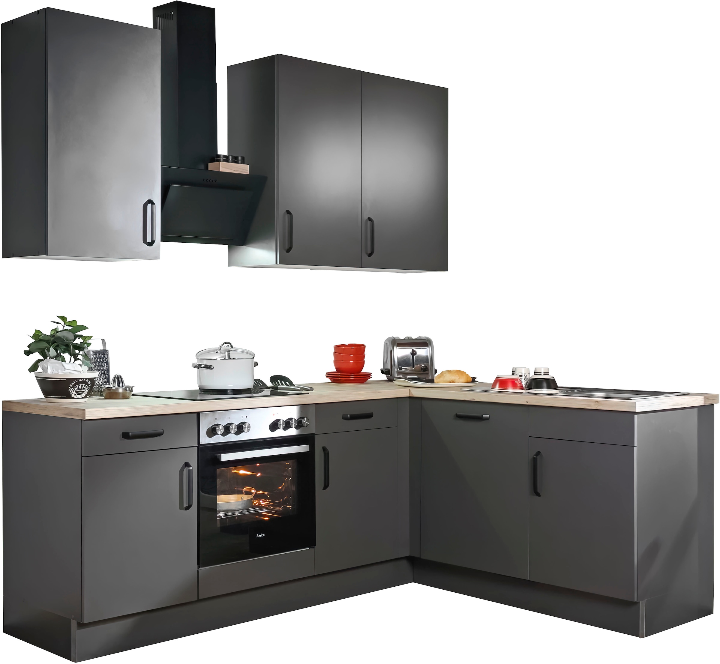 wiho Küchen Winkelküche »"Simi", mit verstellbaren Füssen, wahlweise mit E-Geräten,« Soft-Close-Funktion in Schubkästen & Auszügen,  Stellbreite 225/175 cm