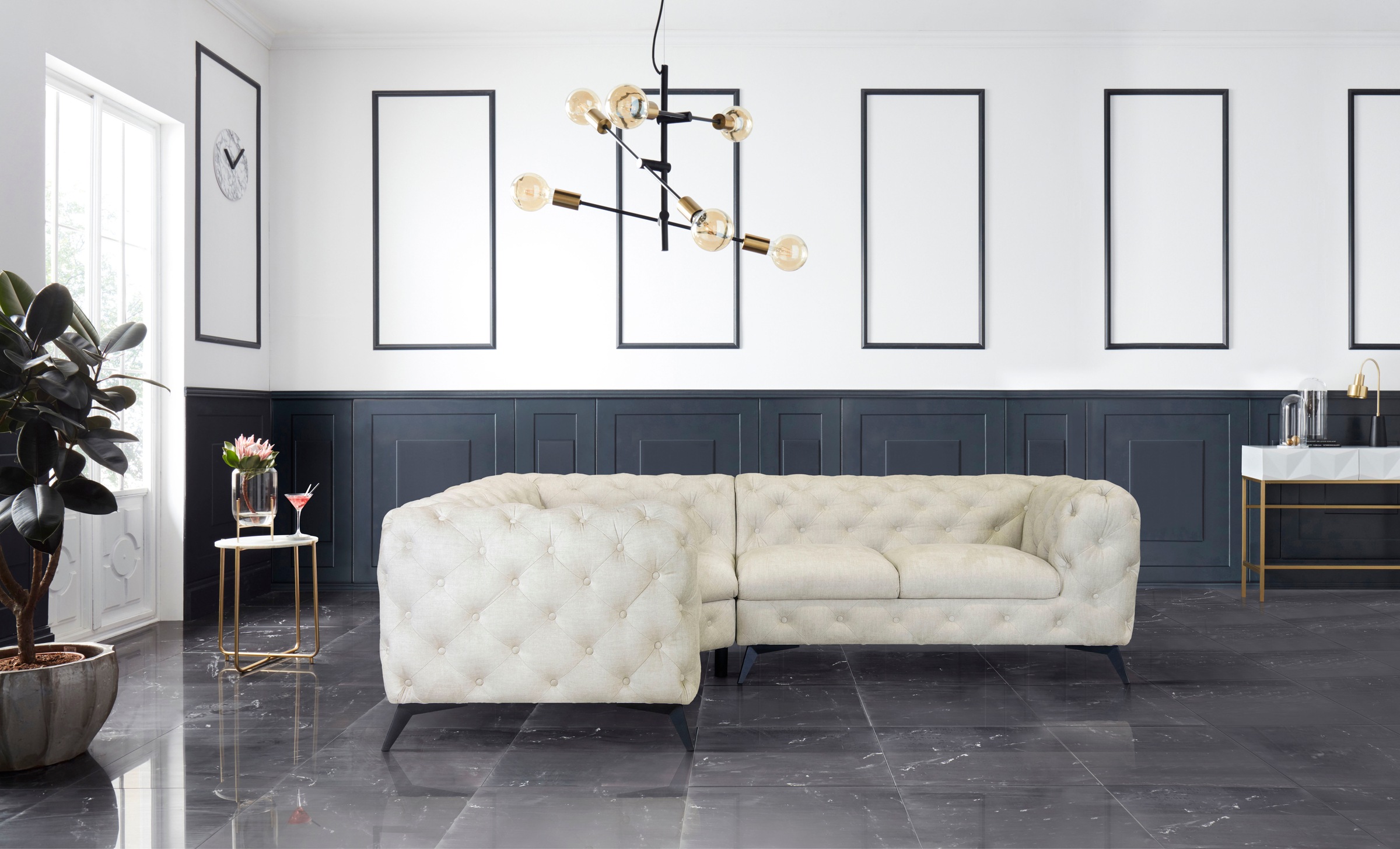 Leonique Chesterfield-Sofa »Ecksofa GLYNIS L-Form mit Wellenunterfederung, Masse B/T/H 264/204/75cm«, aufwändige Knopfheftung, moderne Chesterfield Optik, Fussfarbe wählbar