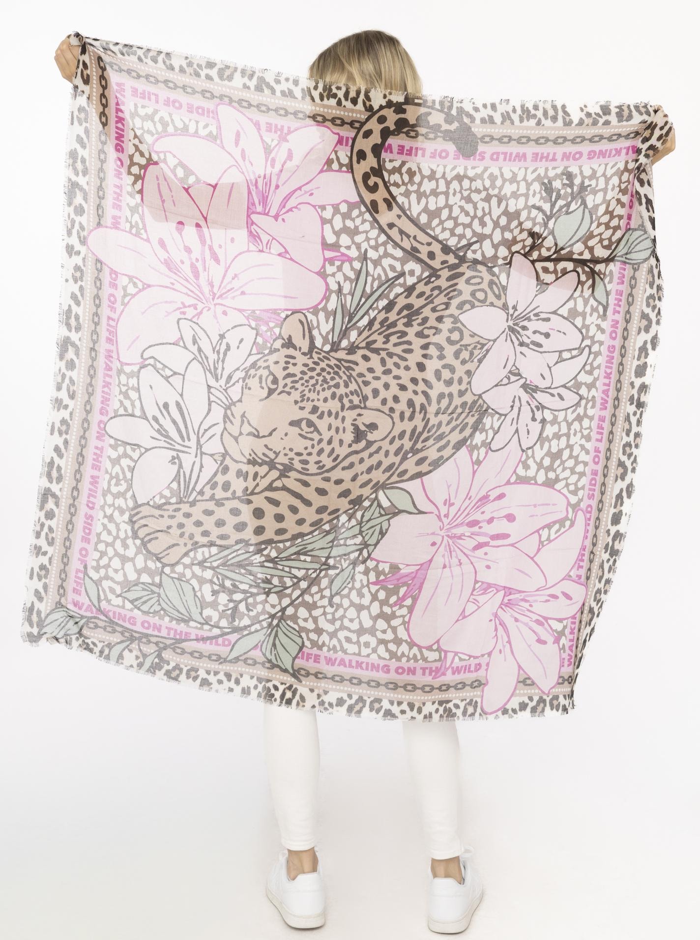 Zwillingsherz Foulard de mode »"Wild Side of Life"« mélange de motifs : léopard et fleurs, bordures à franges tout autour